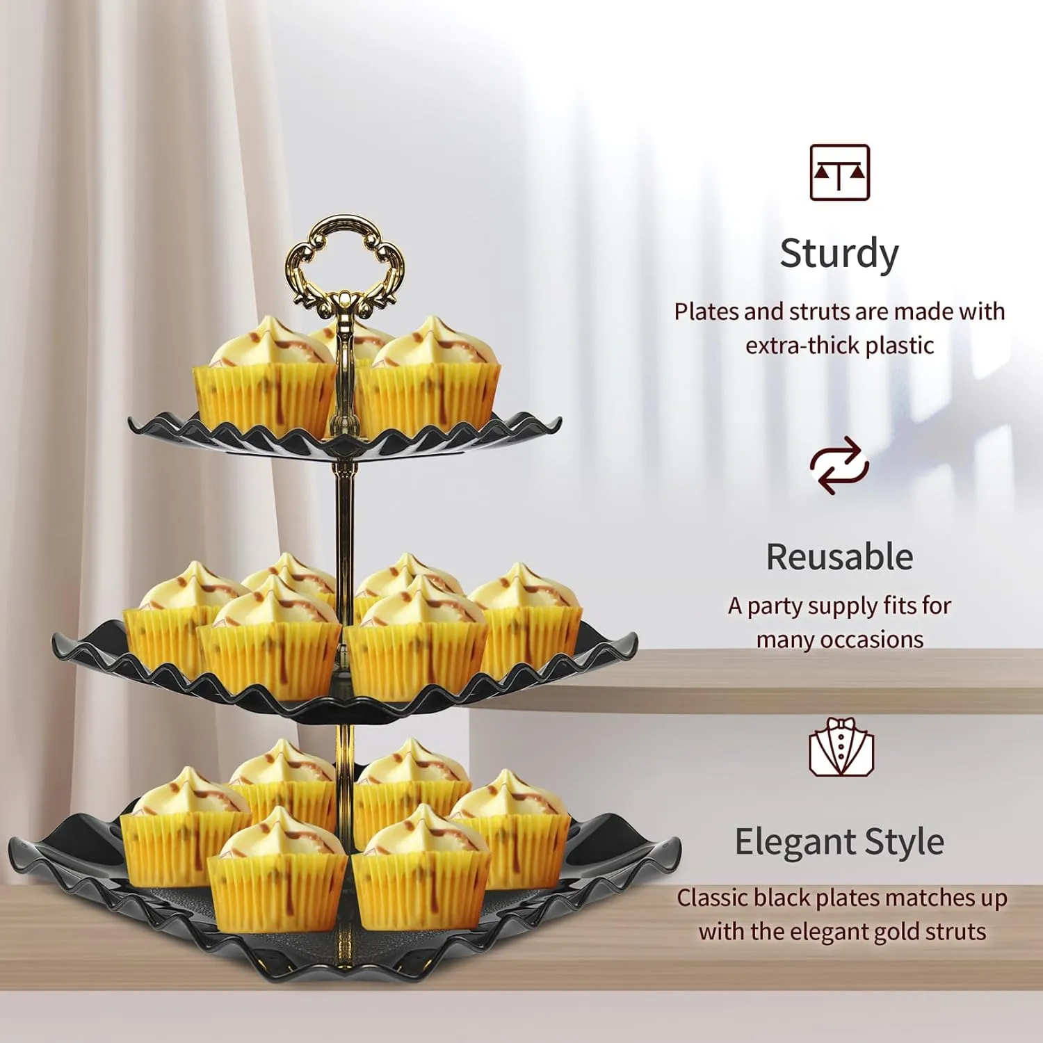 NWK 5 Piece Cake Stand Set with 2 x Large 3-Tier Cupcake Stands, 3 x Appetizer Trays, for Wedding Birthday Baby Shower Tea Party Decorations (Black)