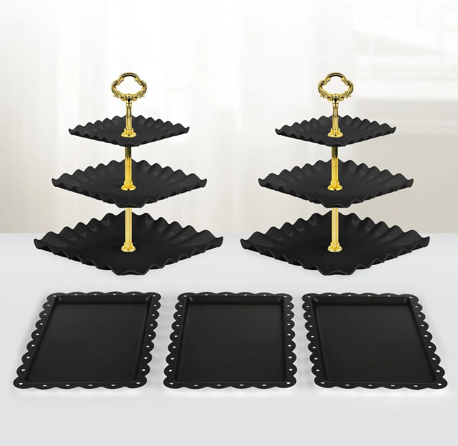 NWK 5 Piece Cake Stand Set with 2 x Large 3-Tier Cupcake Stands, 3 x Appetizer Trays, for Wedding Birthday Baby Shower Tea Party Decorations (Black)