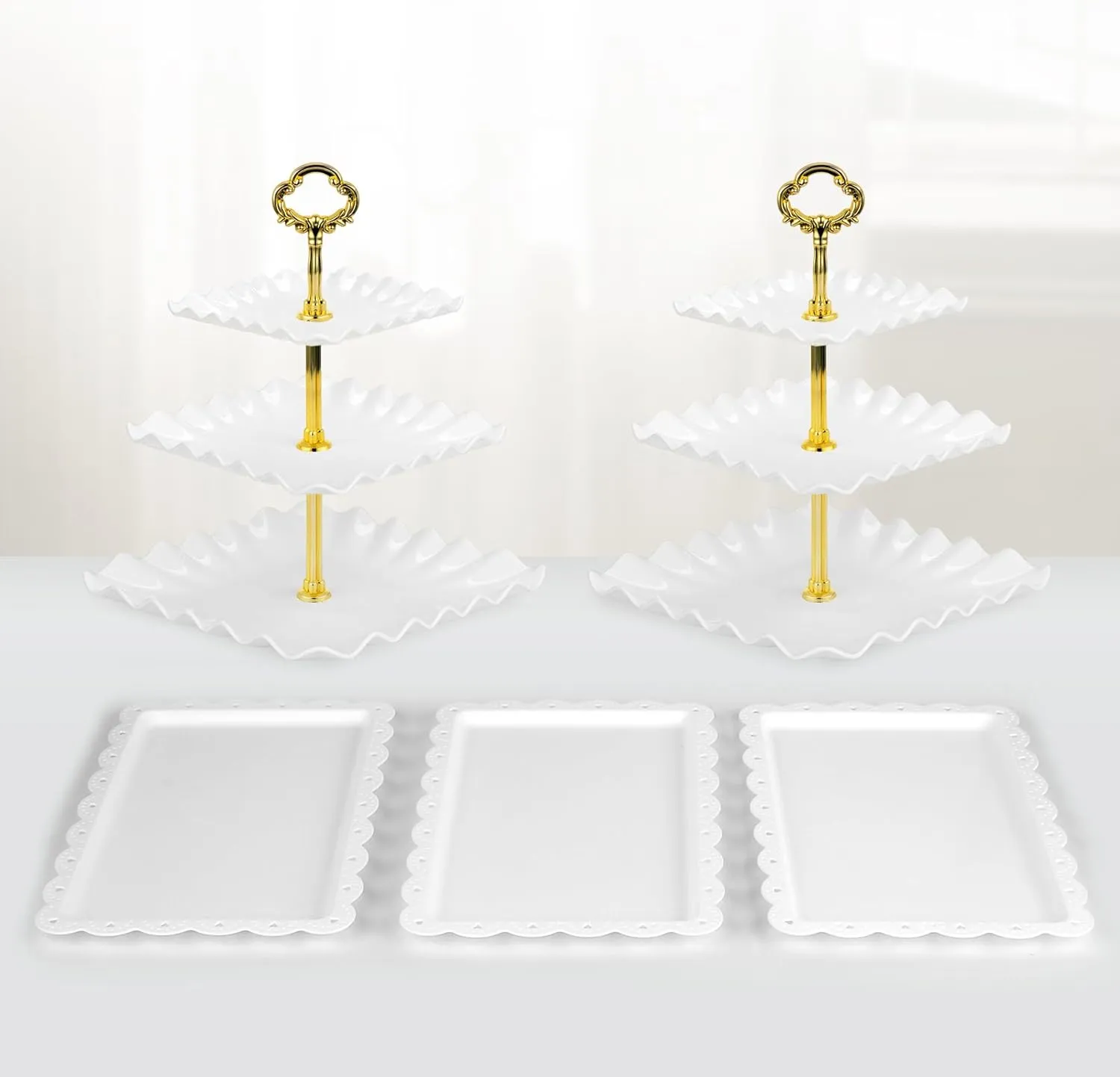 NWK 5 Piece Cake Stand Set with 2 x Large 3-Tier Cupcake Stands, 3 x Appetizer Trays, for Wedding Birthday Baby Shower Tea Party Decorations (Gold)
