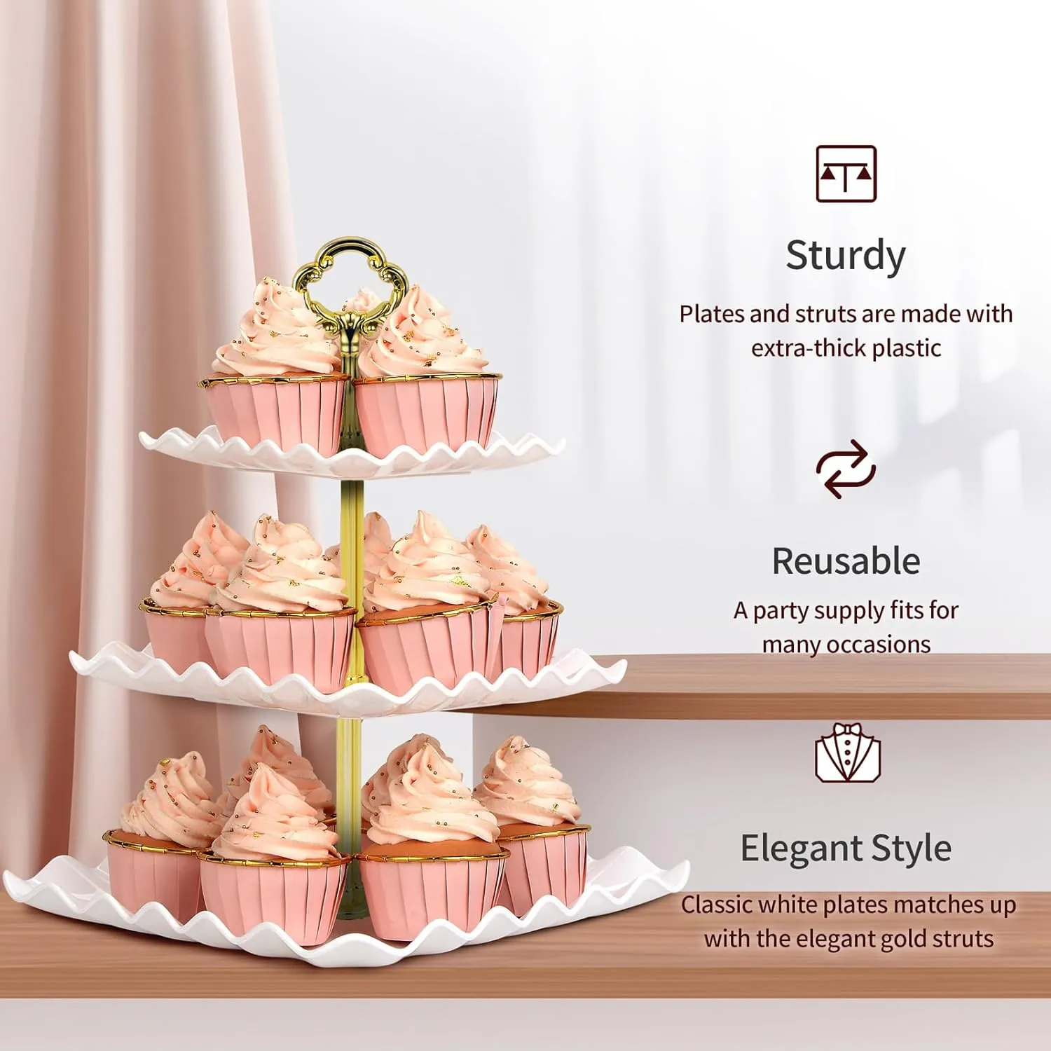 NWK 5 Piece Cake Stand Set with 2 x Large 3-Tier Cupcake Stands, 3 x Appetizer Trays, for Wedding Birthday Baby Shower Tea Party Decorations (Gold)