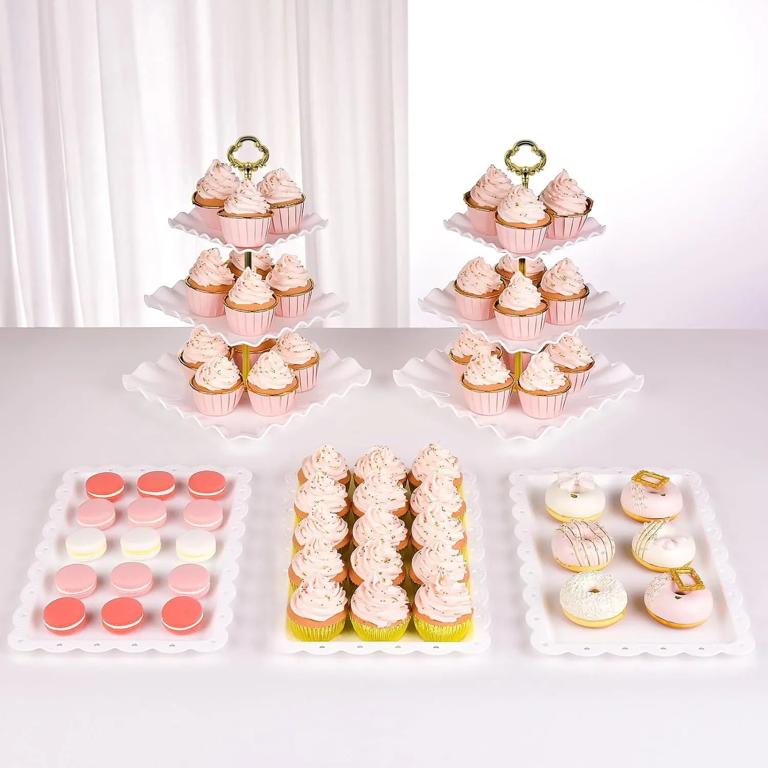 NWK 5 Piece Cake Stand Set with 2 x Large 3-Tier Cupcake Stands, 3 x Appetizer Trays, for Wedding Birthday Baby Shower Tea Party Decorations (Gold)