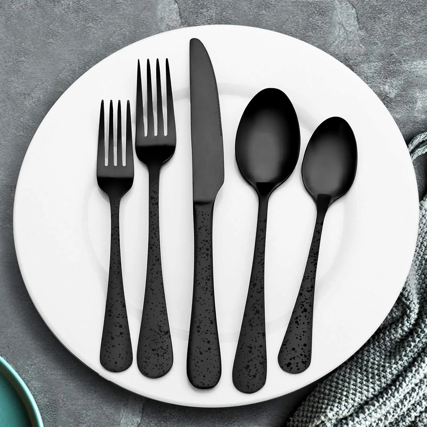 O.C.E. Matte Black Silverware Set, Stainless Steel Flatware, 20-Piece Tableware Cutlery Service for 4, Satin Finish Utensils, Dishwasher Safe (Starry Black)