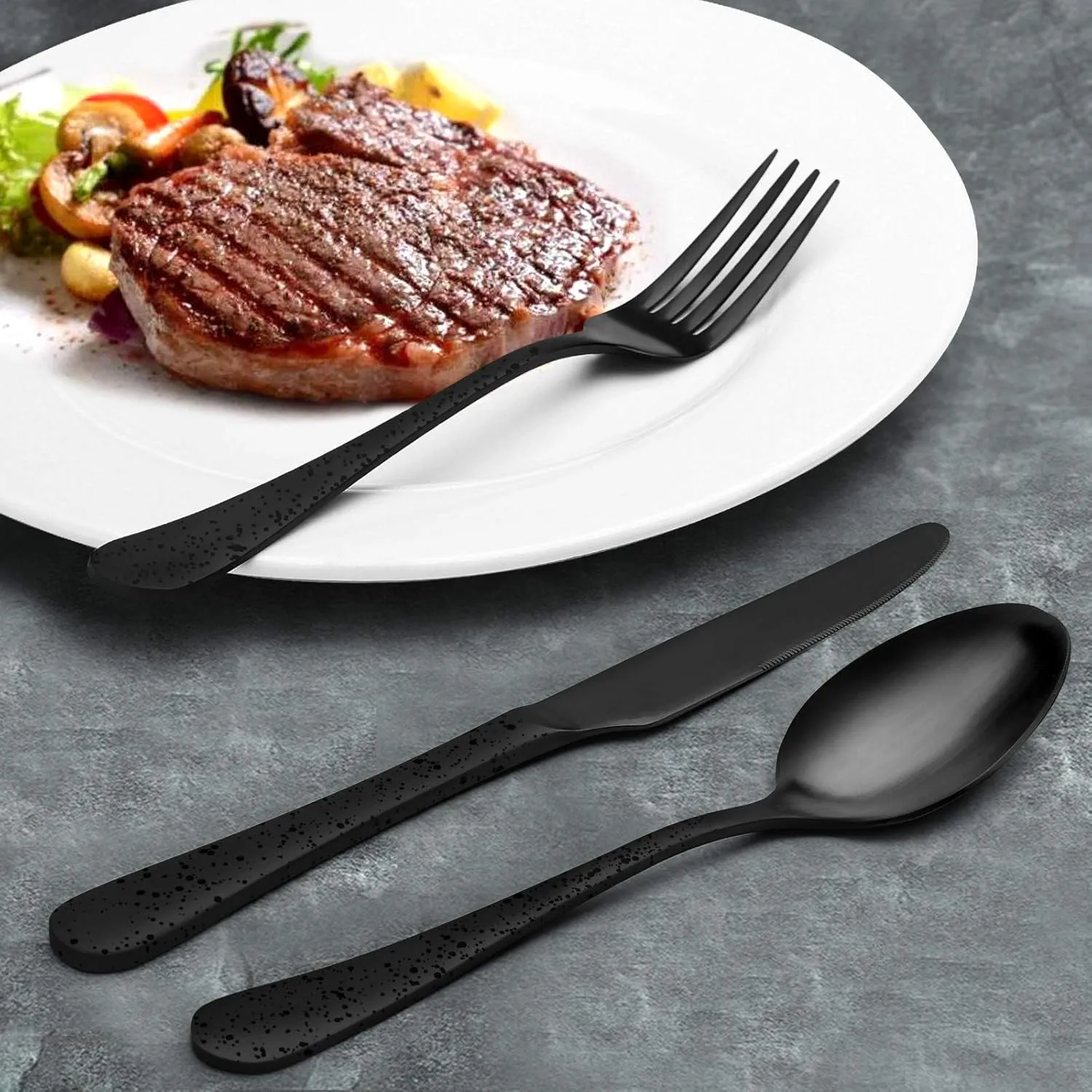 O.C.E. Matte Black Silverware Set, Stainless Steel Flatware, 20-Piece Tableware Cutlery Service for 4, Satin Finish Utensils, Dishwasher Safe (Starry Black)