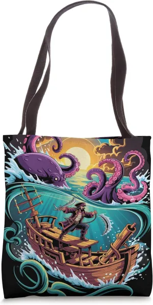 Octopus Kraken Pirate Duel on Floating Debris Tote Bag