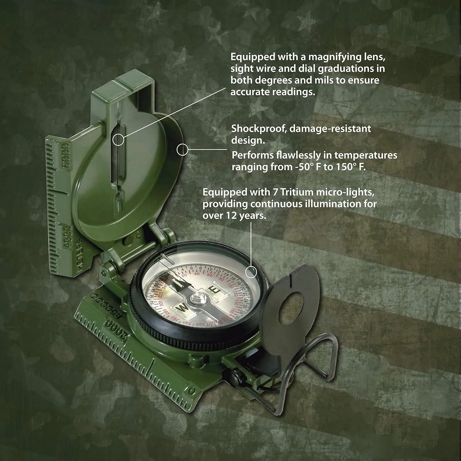 Official US Military Phosphorescent Accurate Hand Held Compasses with Pouch | Impact Resistant & Waterproof Compass for Hiking Camping Navigation Survival Backpacking Orienteering