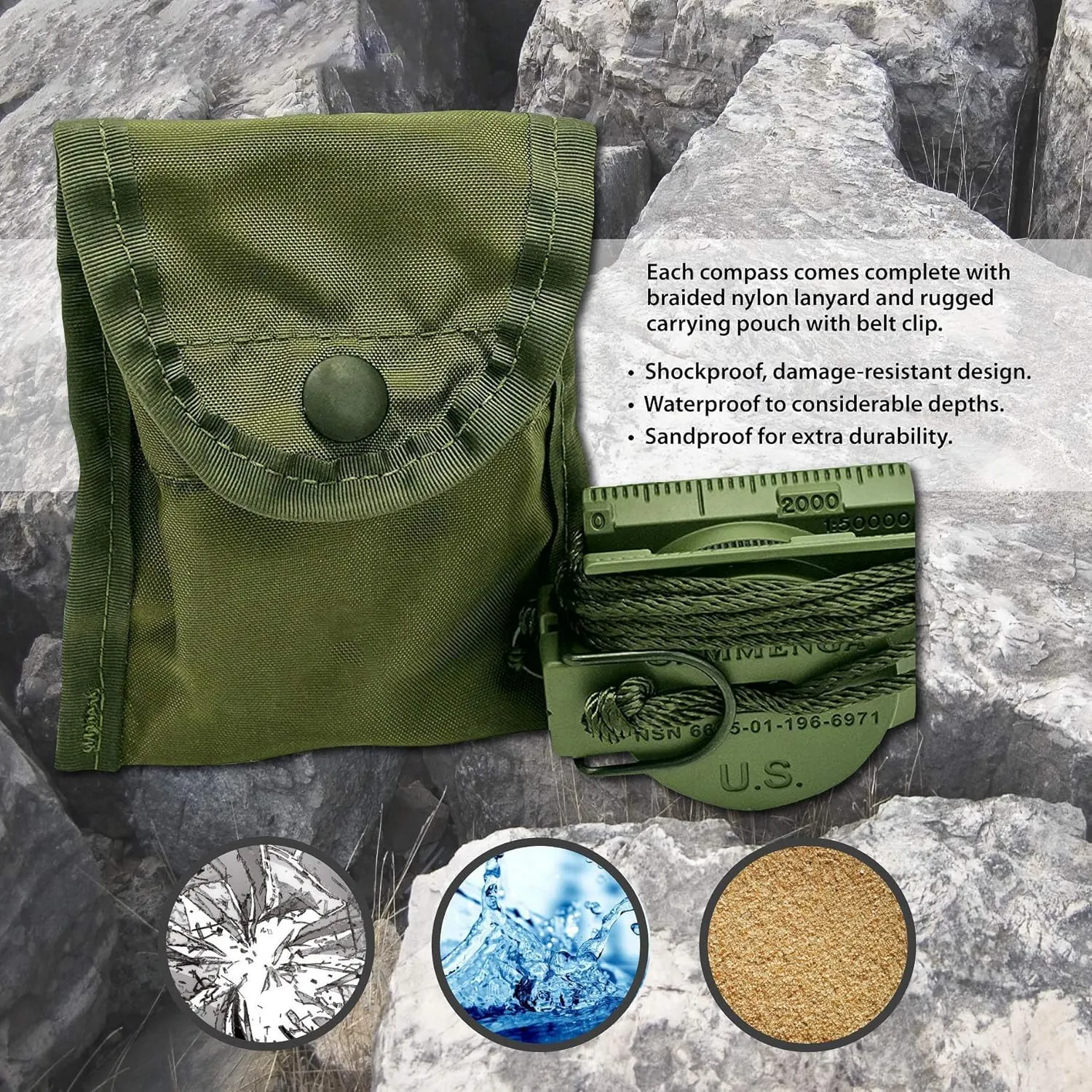 Official US Military Phosphorescent Accurate Hand Held Compasses with Pouch | Impact Resistant & Waterproof Compass for Hiking Camping Navigation Survival Backpacking Orienteering