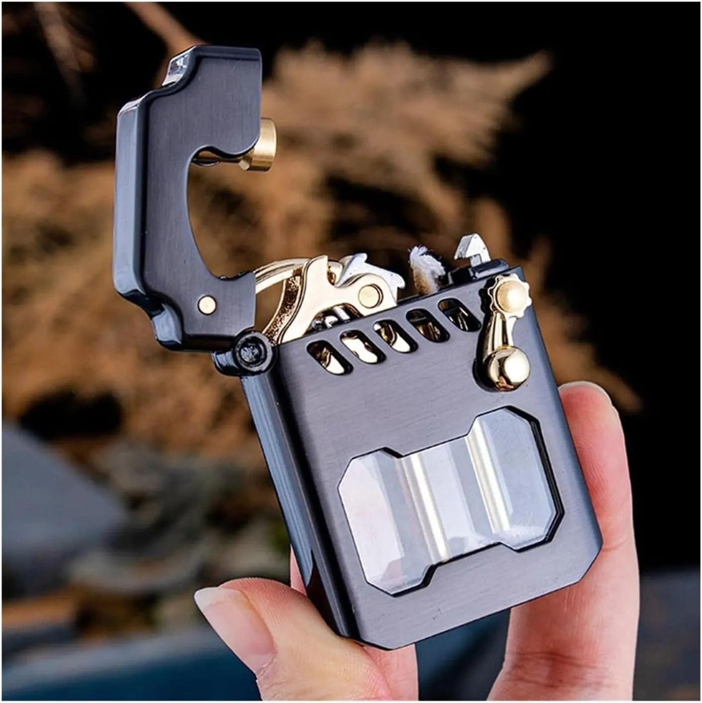 Old-fashioned metal kerosene lighter, inflatable kerosene lighter, rocker link transmission gear ignition lighter, with fuel observation window, suitable for wilderness, travel, camping (fuel not incl