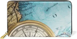 Old Retro Compass on Old Map Travel Geography Navigation Leather Long Wallet Organizer with Zipper Purse Clutch Bag for Women Men