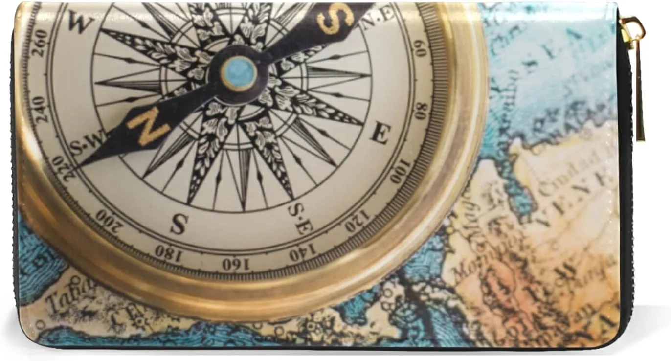 Old Retro Compass on Old Map Travel Geography Navigation Leather Long Wallet Organizer with Zipper Purse Clutch Bag for Women Men