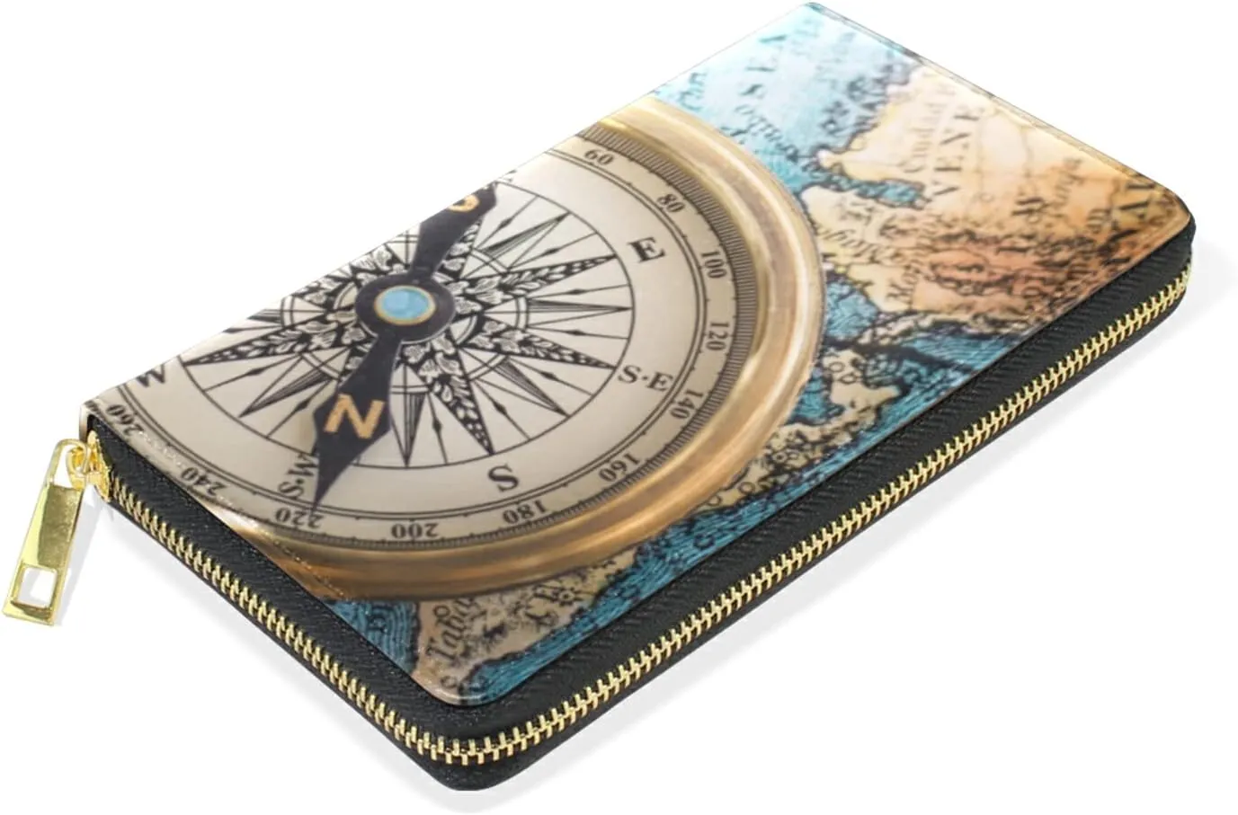 Old Retro Compass on Old Map Travel Geography Navigation Leather Long Wallet Organizer with Zipper Purse Clutch Bag for Women Men