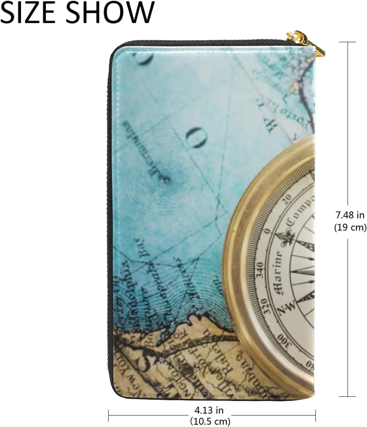 Old Retro Compass on Old Map Travel Geography Navigation Leather Long Wallet Organizer with Zipper Purse Clutch Bag for Women Men