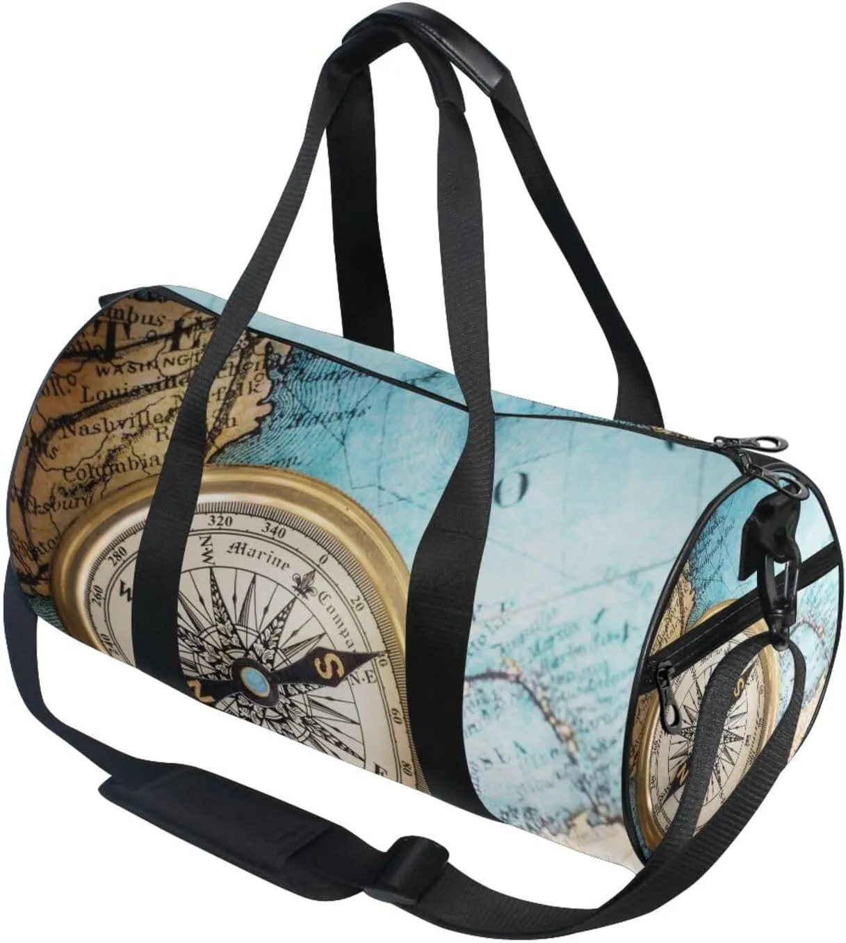 Old Retro Compass on Old Map Travel Geography Navigation Portable Gym Bag, Travel Bag, Luggage bag, Sports Bag, Toiletry Bag with Handles, Detachable Shoulder Strap 17.6 x 9 x 9 inch