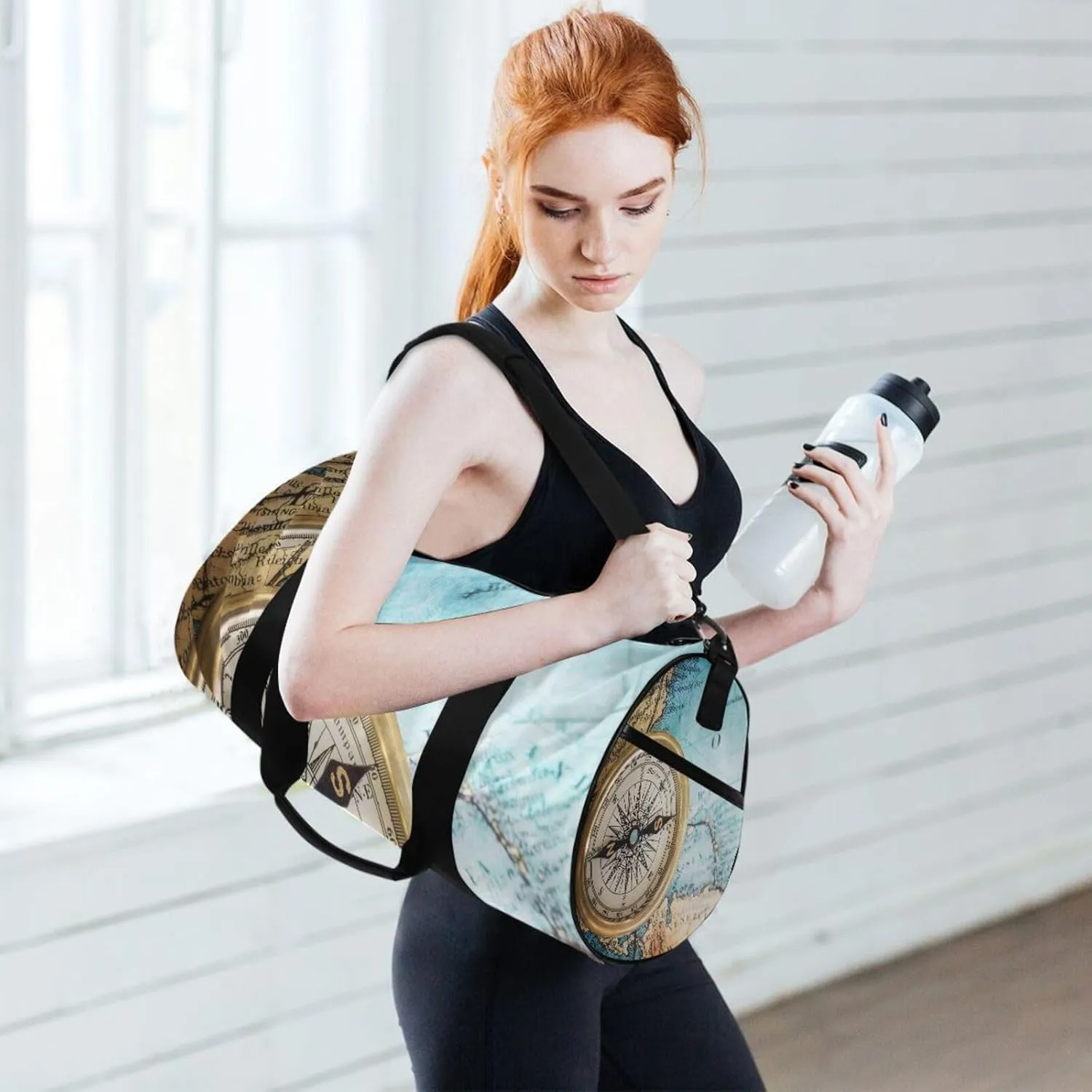 Old Retro Compass on Old Map Travel Geography Navigation Portable Gym Bag, Travel Bag, Luggage bag, Sports Bag, Toiletry Bag with Handles, Detachable Shoulder Strap 17.6 x 9 x 9 inch
