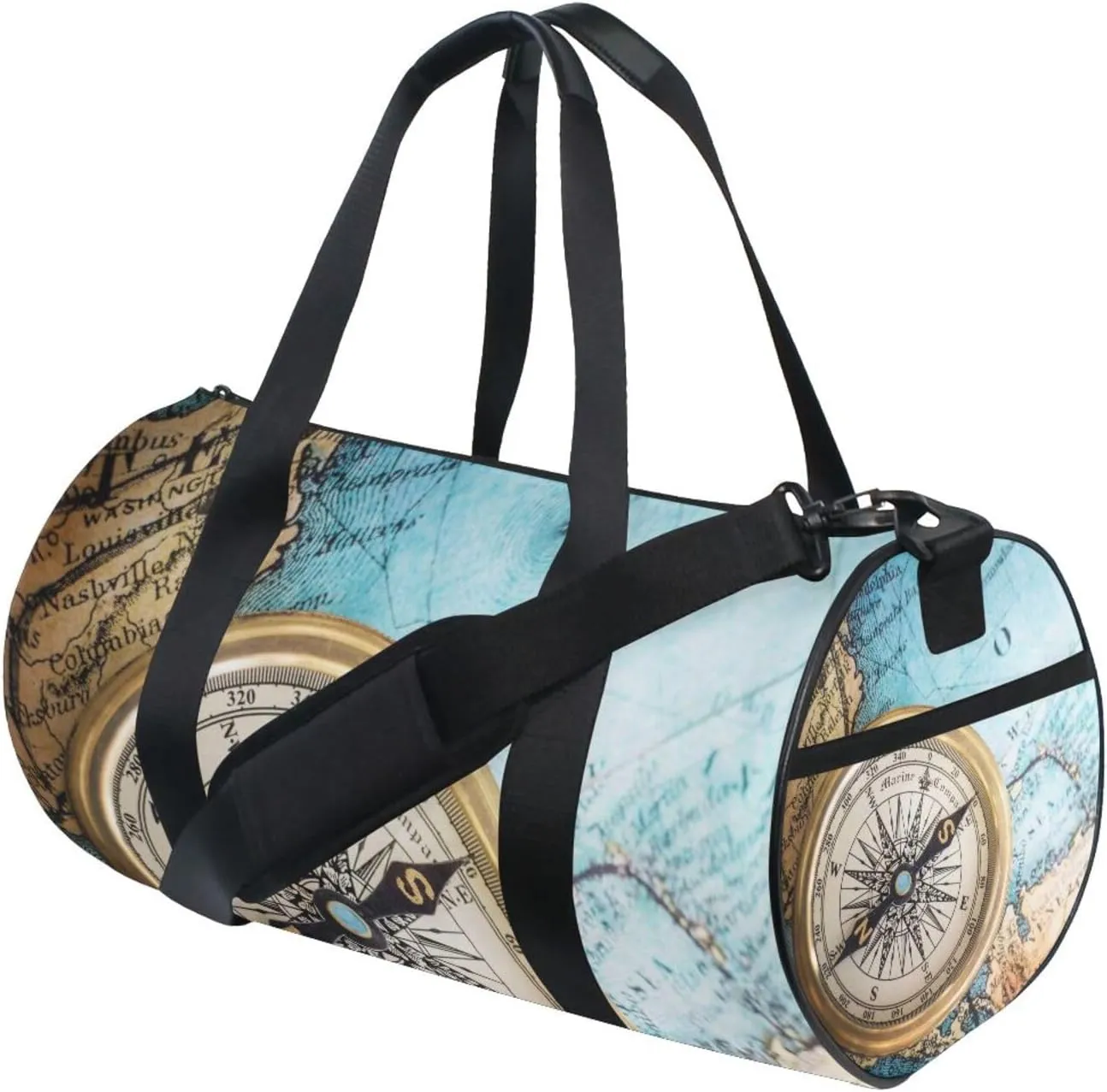 Old Retro Compass on Old Map Travel Geography Navigation Portable Gym Bag, Travel Bag, Luggage bag, Sports Bag, Toiletry Bag with Handles, Detachable Shoulder Strap 17.6 x 9 x 9 inch