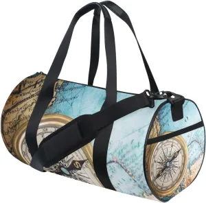 Old Retro Compass on Old Map Travel Geography Navigation Portable Gym Bag, Travel Bag, Luggage bag, Sports Bag, Toiletry Bag with Handles, Detachable Shoulder Strap 17.6 x 9 x 9 inch