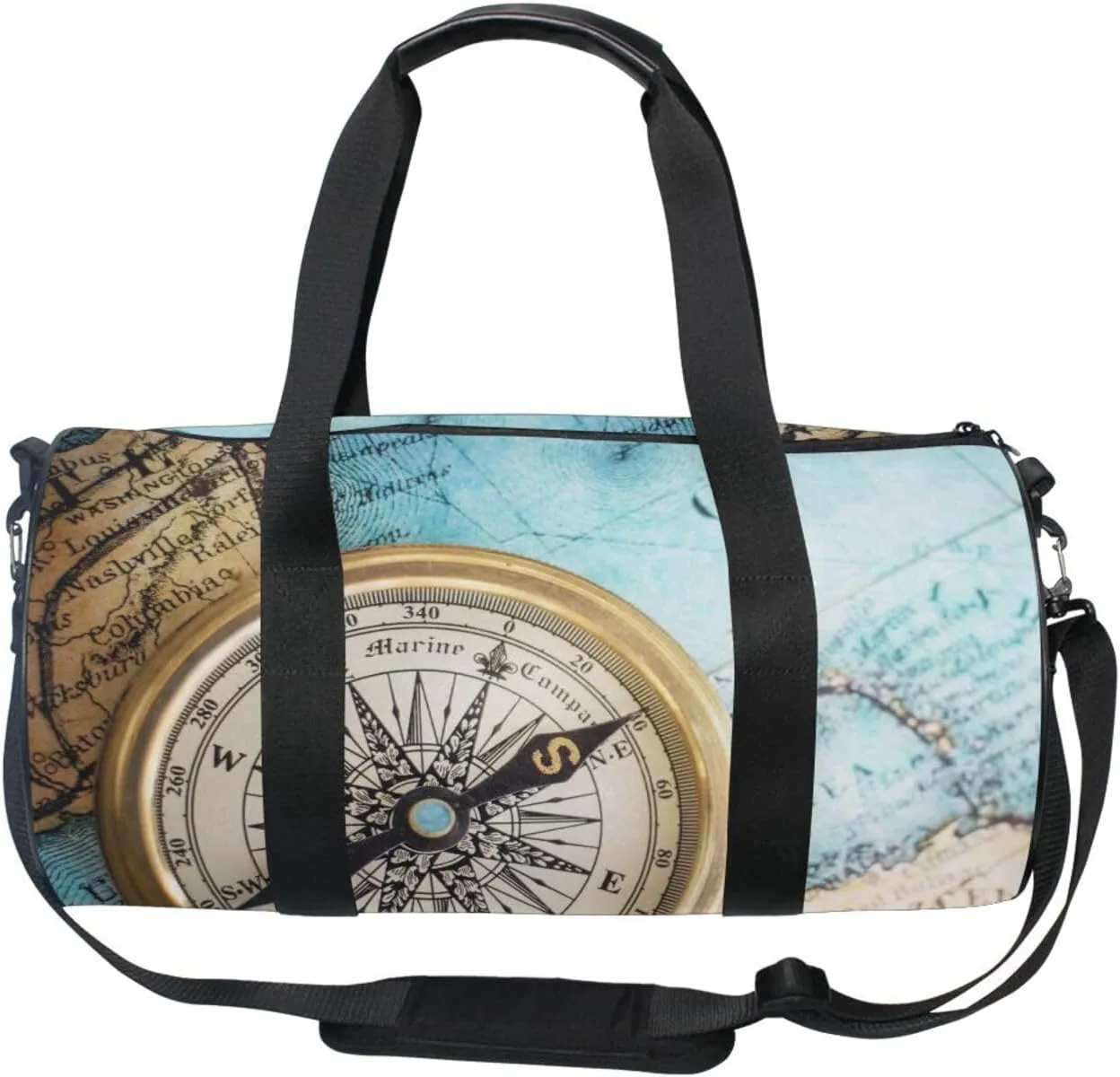 Old Retro Compass on Old Map Travel Geography Navigation Portable Gym Bag, Travel Bag, Luggage bag, Sports Bag, Toiletry Bag with Handles, Detachable Shoulder Strap 17.6 x 9 x 9 inch