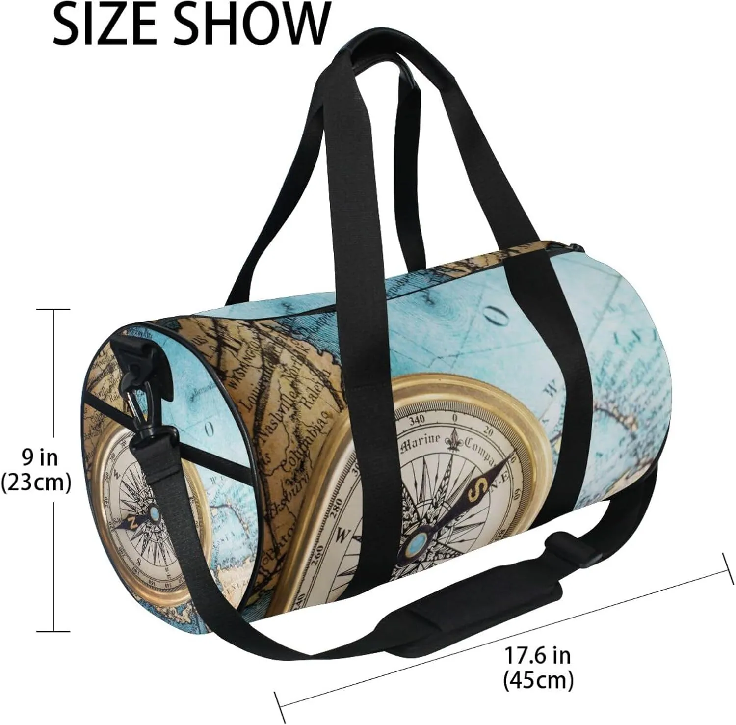 Old Retro Compass on Old Map Travel Geography Navigation Portable Gym Bag, Travel Bag, Luggage bag, Sports Bag, Toiletry Bag with Handles, Detachable Shoulder Strap 17.6 x 9 x 9 inch
