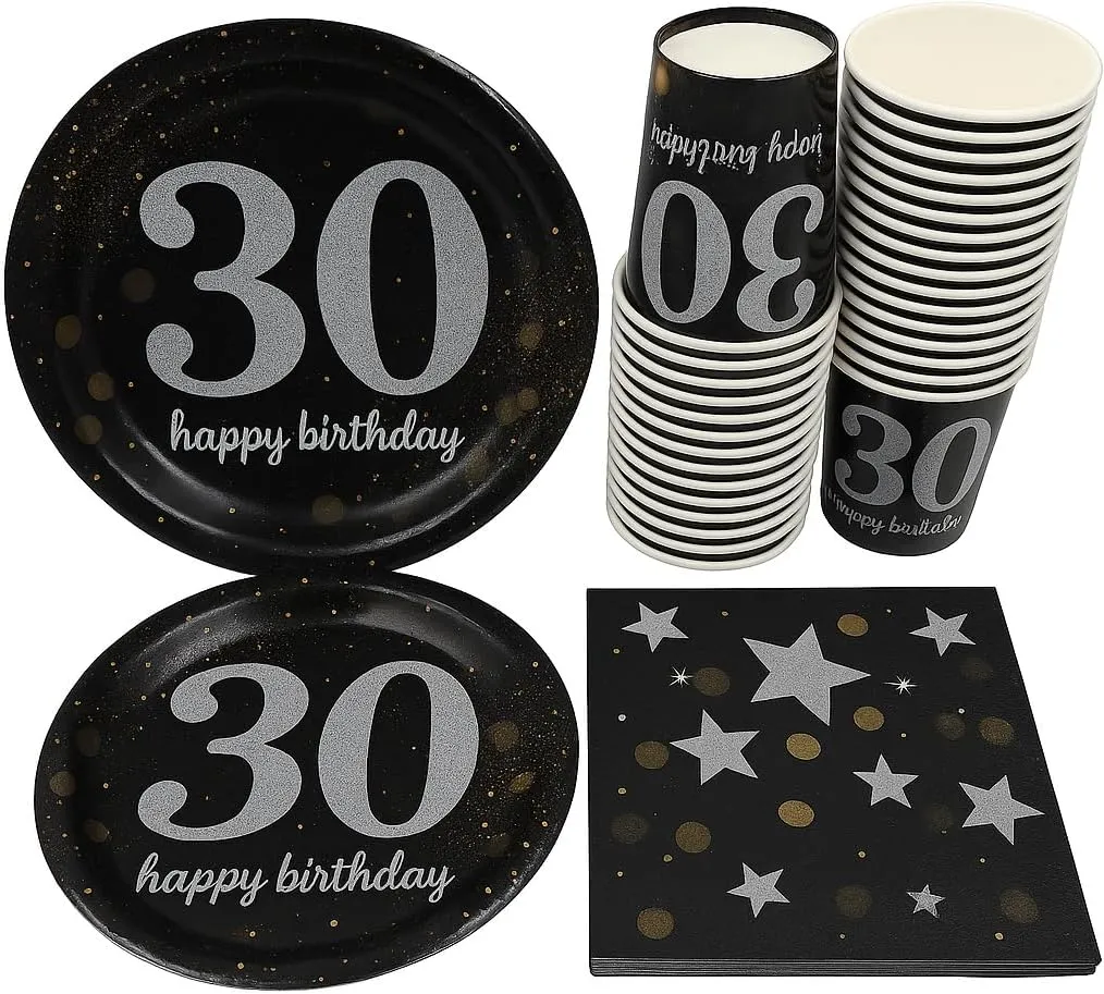 Oojami 120-Piece 30th Birthday Party Pack – Serves 30 Includes 9" Dinner Plates, 7" Dessert Plates 12oz Cups & 3-Ply Napkins Complete Disposable Tableware Set for 30th Birthday Celebrations