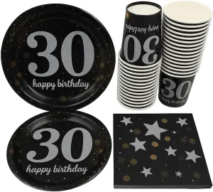 Oojami 120-Piece 30th Birthday Party Pack – Serves 30 Includes 9" Dinner Plates, 7" Dessert Plates 12oz Cups & 3-Ply Napkins Complete Disposable Tableware Set for 30th Birthday Celebrations