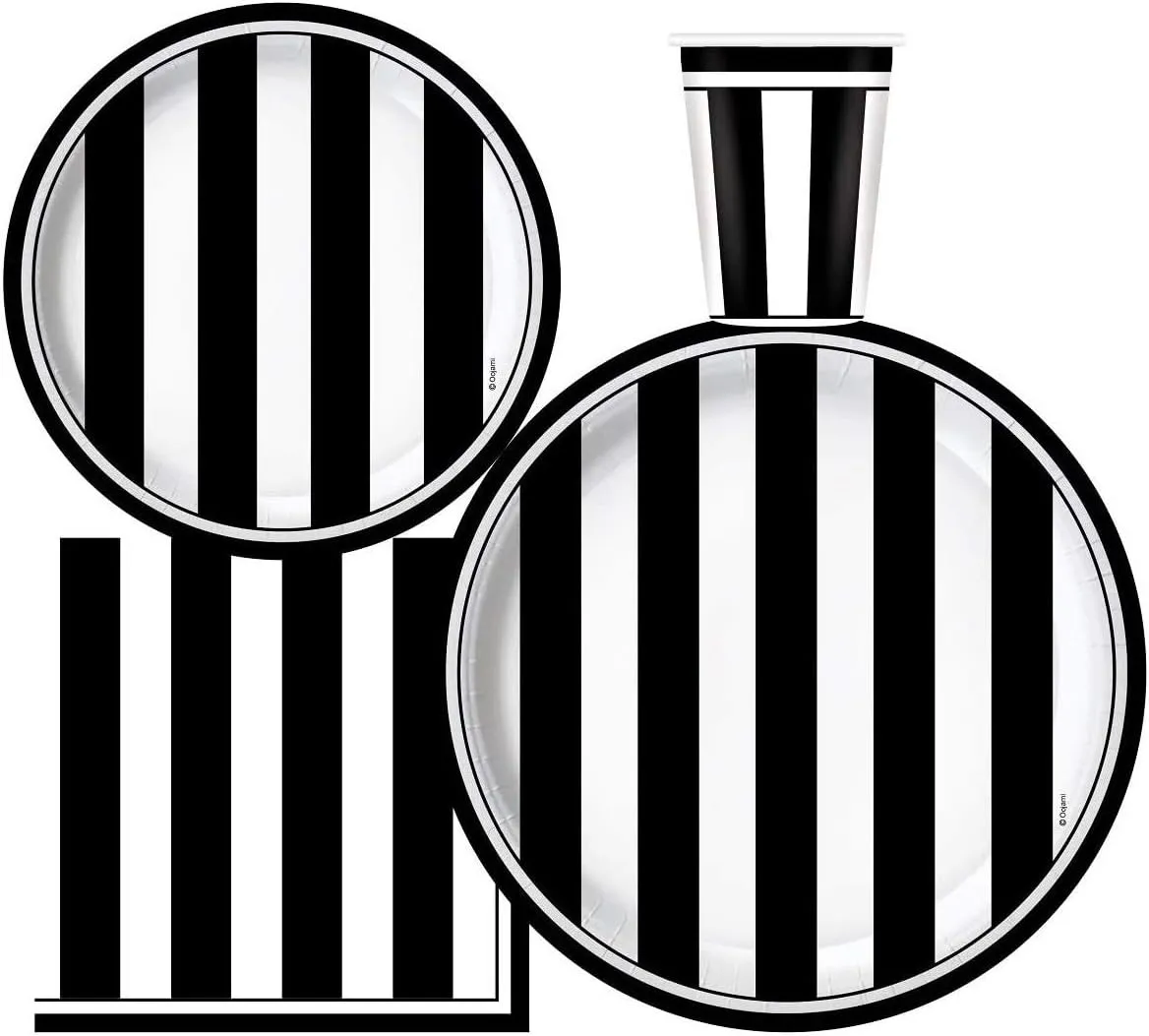 Oojami Serves 30 Black and White Stripes Party Supplies – 9" Dinner Plates, 7" Dessert Plates, 9 oz Cups, 3-Ply Napkins Complete Party Pack for Birthdays, Graduations, Weddings, and Events