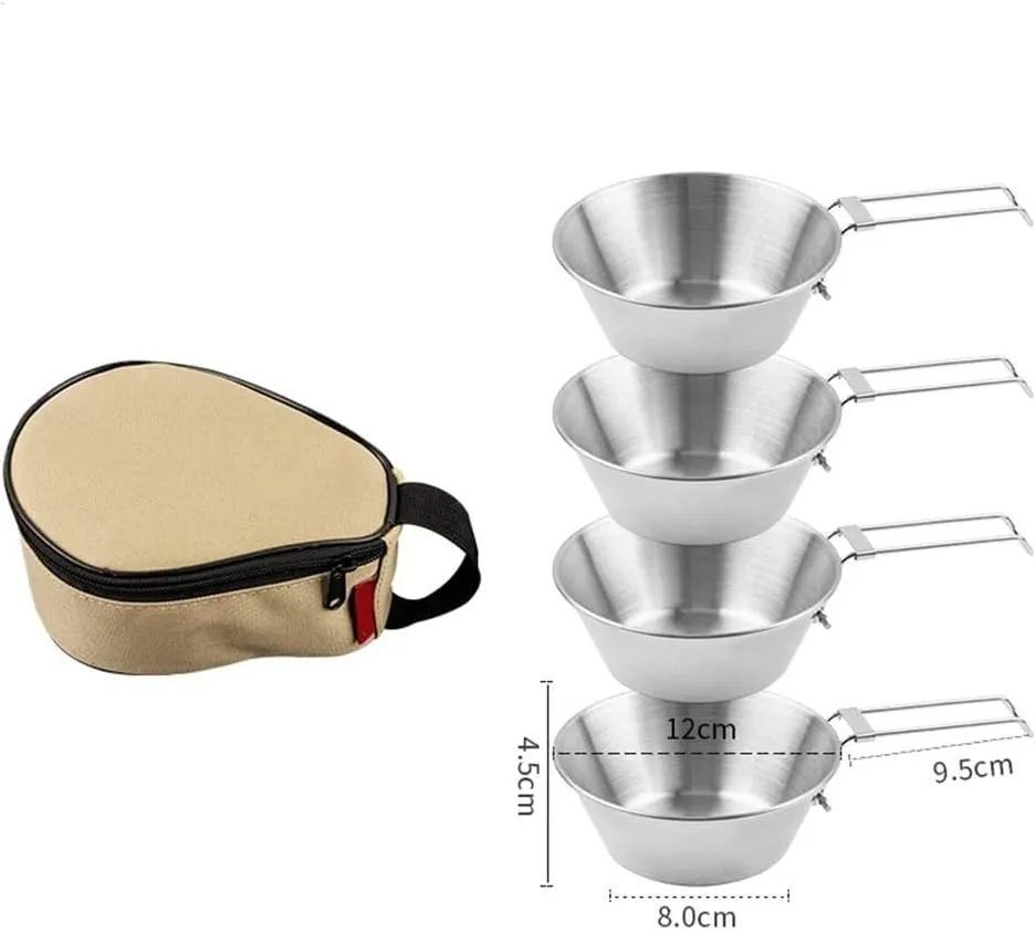 Outdoor Atainless Steel Snow Bowl Camping Tableware Set Portable Foldable Picnic Barbecue Bowl 4 Sets Outdoor Tableware