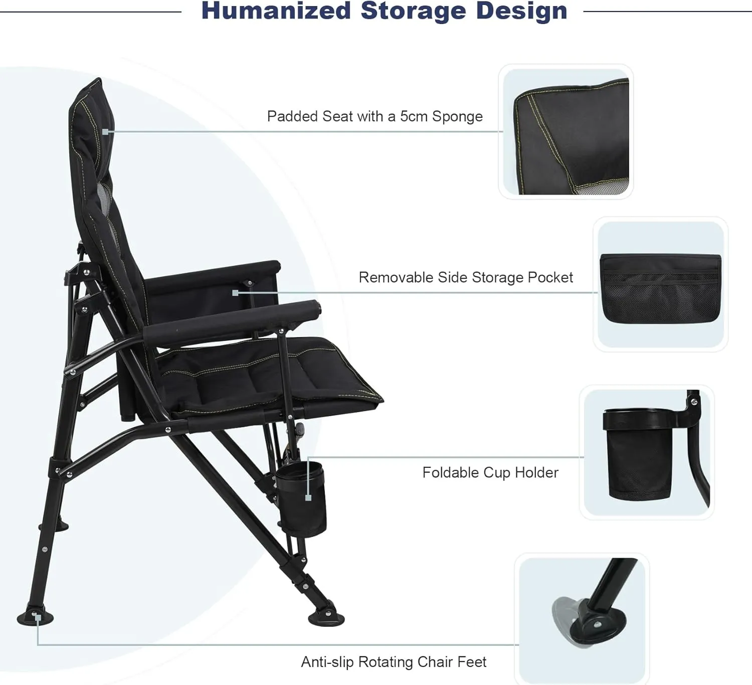Outdoor Folding Camping Chair Heavy Duty Movable High Back Collapsible Padded Chair with Storage Bag for Outside Camping Activities, Black