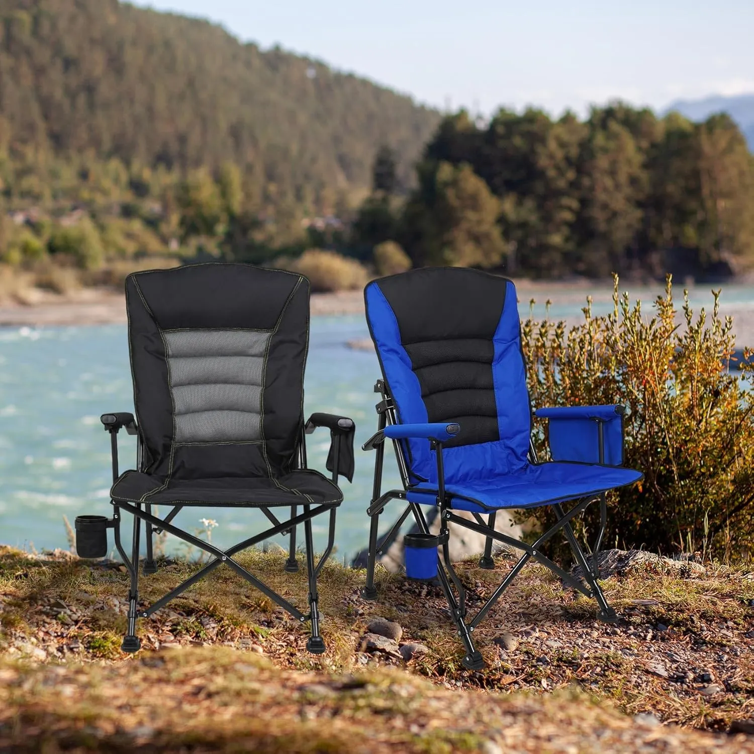 Outdoor Folding Camping Chair Heavy Duty Movable High Back Collapsible Padded Chair with Storage Bag for Outside Camping Activities, Black