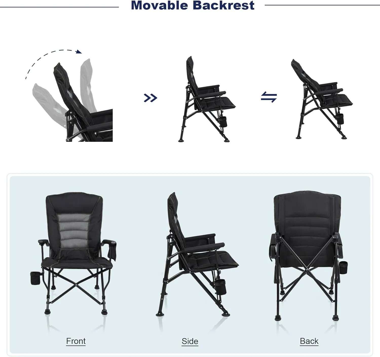 Outdoor Folding Camping Chair Heavy Duty Movable High Back Collapsible Padded Chair with Storage Bag for Outside Camping Activities, Black
