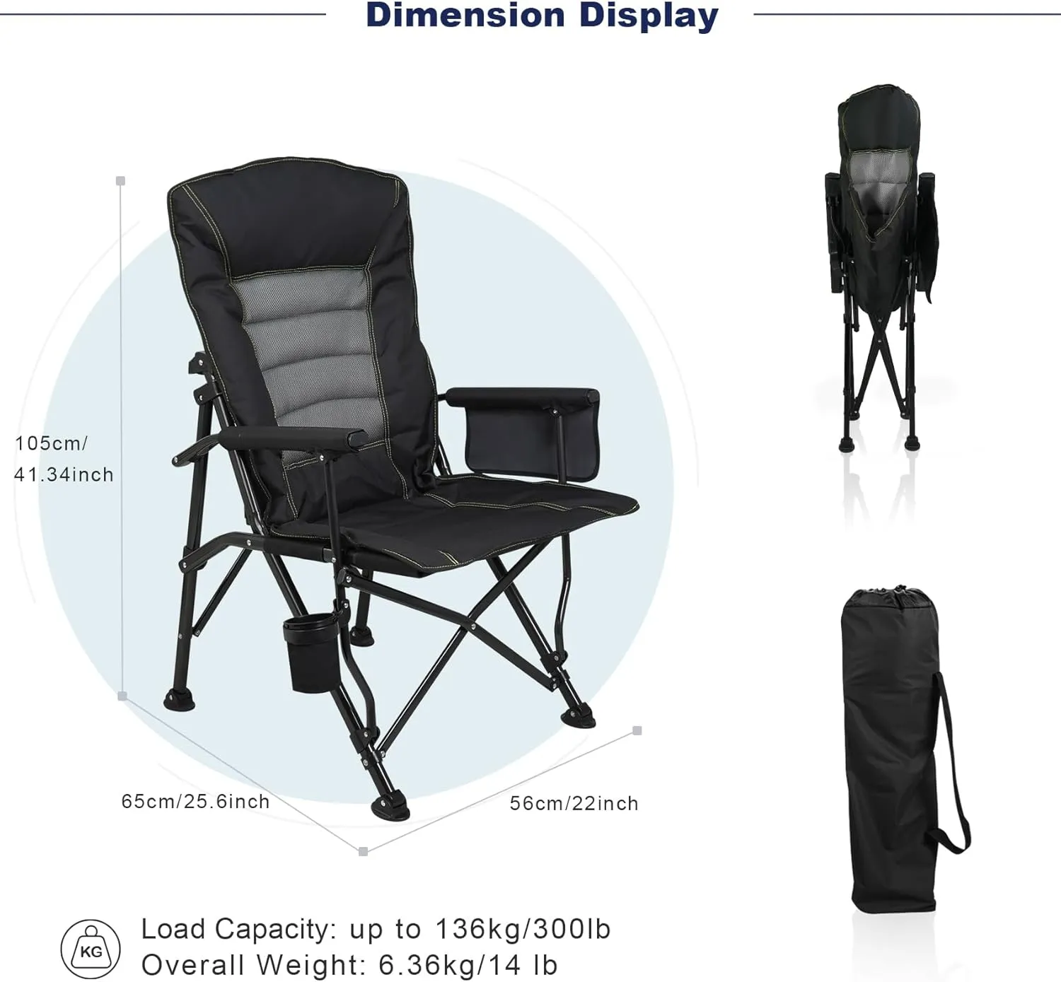 Outdoor Folding Camping Chair Heavy Duty Movable High Back Collapsible Padded Chair with Storage Bag for Outside Camping Activities, Black