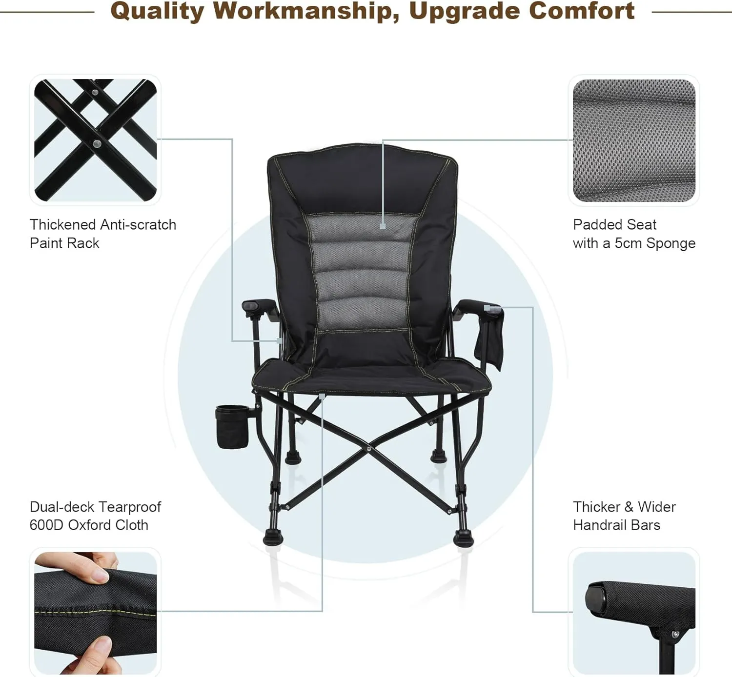 Outdoor Folding Camping Chair Heavy Duty Movable High Back Collapsible Padded Chair with Storage Bag for Outside Camping Activities, Black