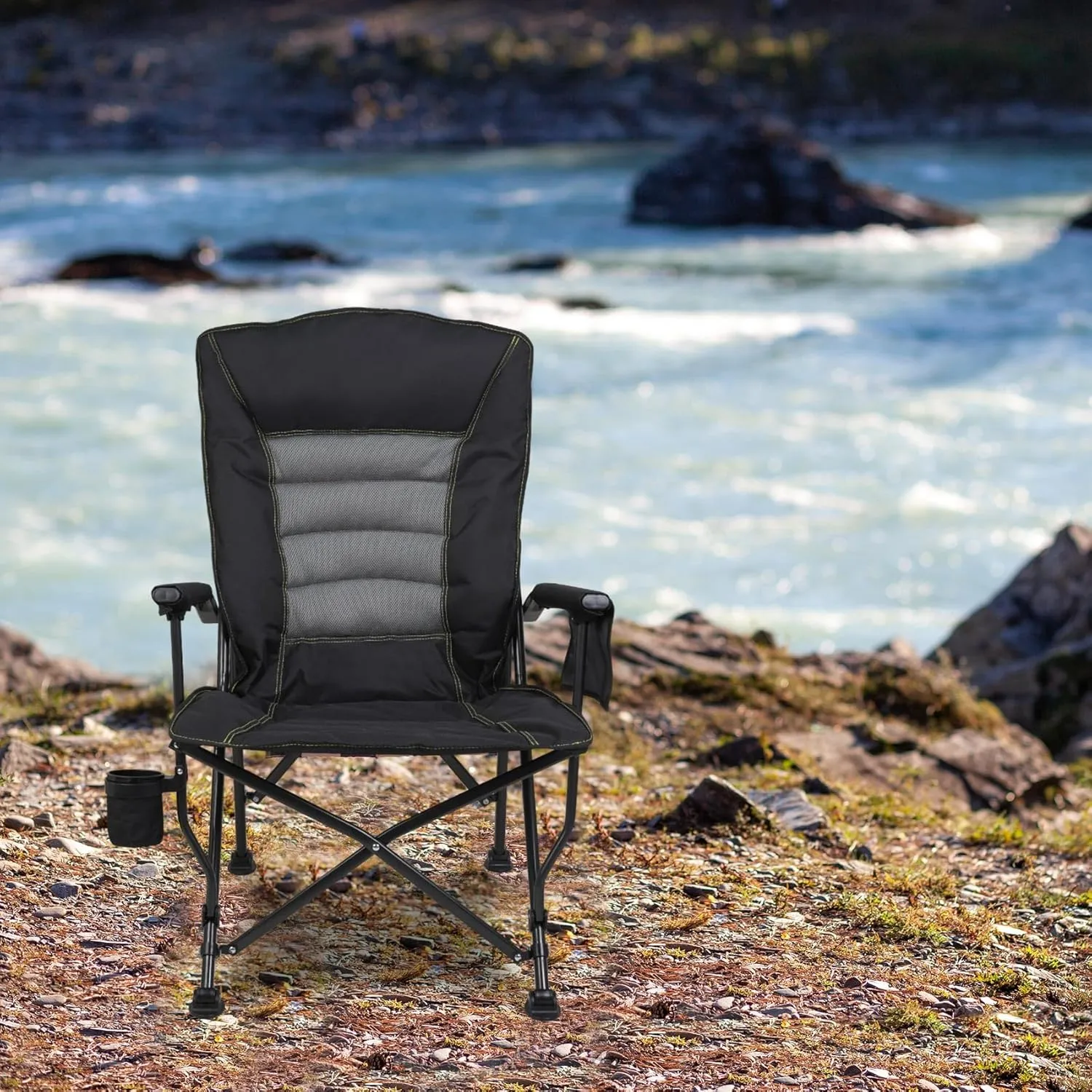 Outdoor Folding Camping Chair Heavy Duty Movable High Back Collapsible Padded Chair with Storage Bag for Outside Camping Activities, Black
