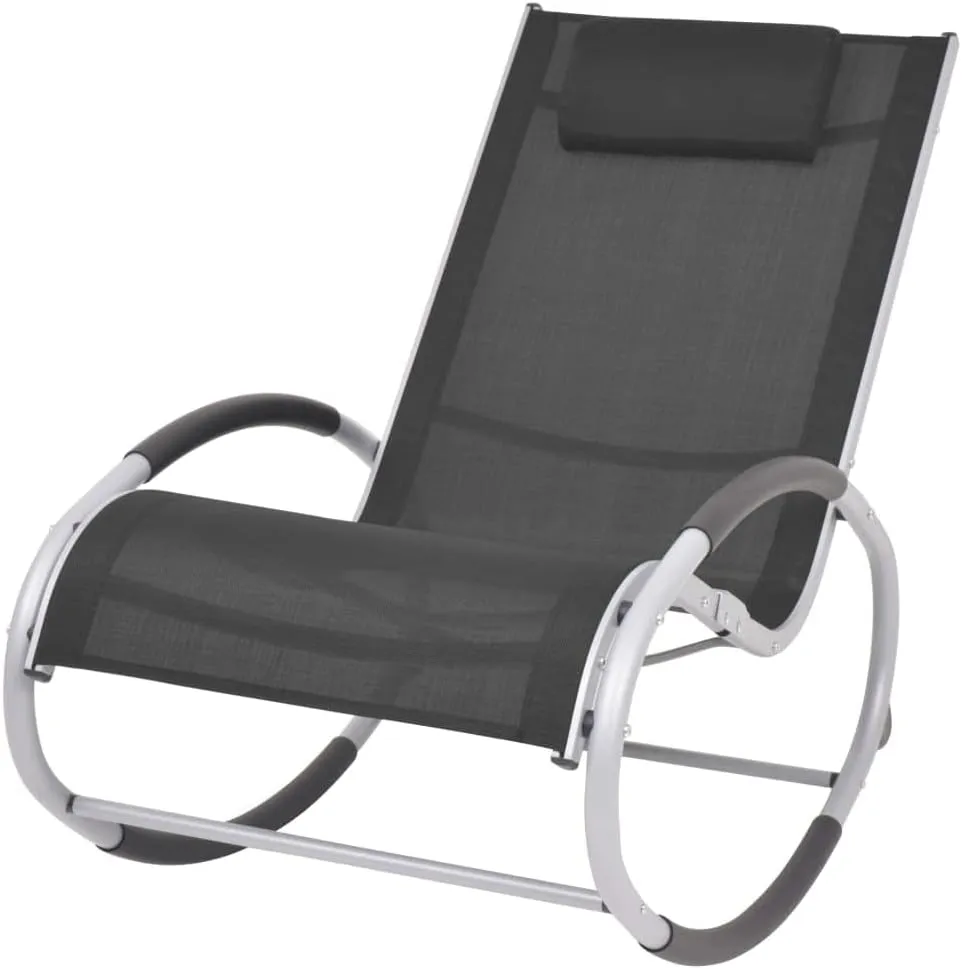 Outdoor Rocking Chair Black Textilene Fabric with Pillow Aluminum Frame Patio Lounge Chair for Garden Poolside and Backyard Relaxation