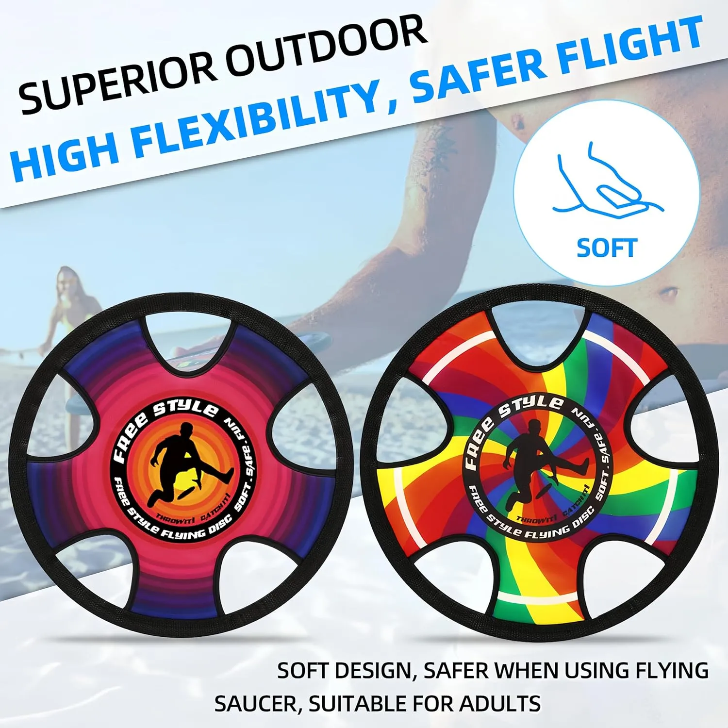 Outdoor Two Soft Frisbee Throwing Disc, Flying Disc, Flying Saucer for Man and Woman in Yard, Beach, Lawn, Camping, Pool (Halo Rainbow)