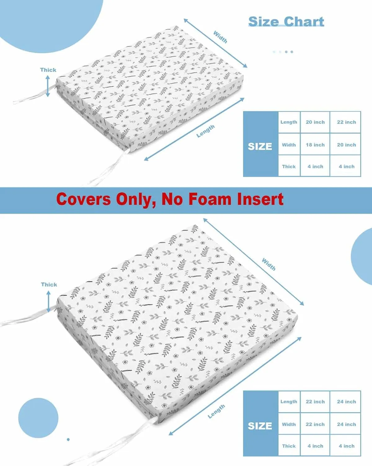 Outdoor Waterproof Cushion Covers Pastoral Wild Flower Replacement Stretch Seat Slipcover for Patio, Floral Plant Leaf on White Chair Couch Sofa Covers Furniture Protector Set of 2,22x22IN