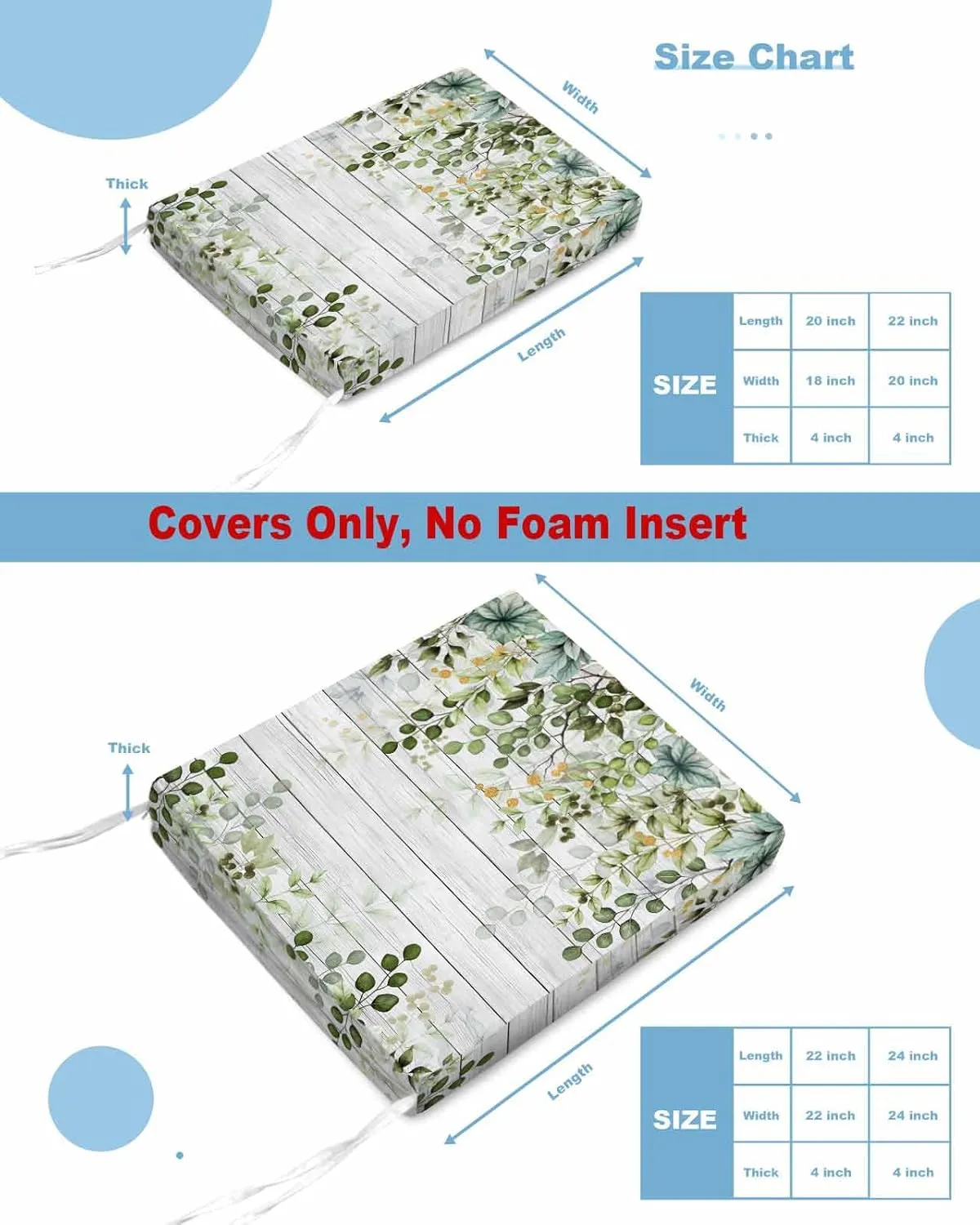 Outdoor Waterproof Cushion Covers Sage Green Eucalyptus Leaves Replacement Stretch Seat Slipcover for Patio,Plants on Wood Grain Farmhouse Chair Couch Sofa Covers Furniture Protector Set of 2,24x24IN