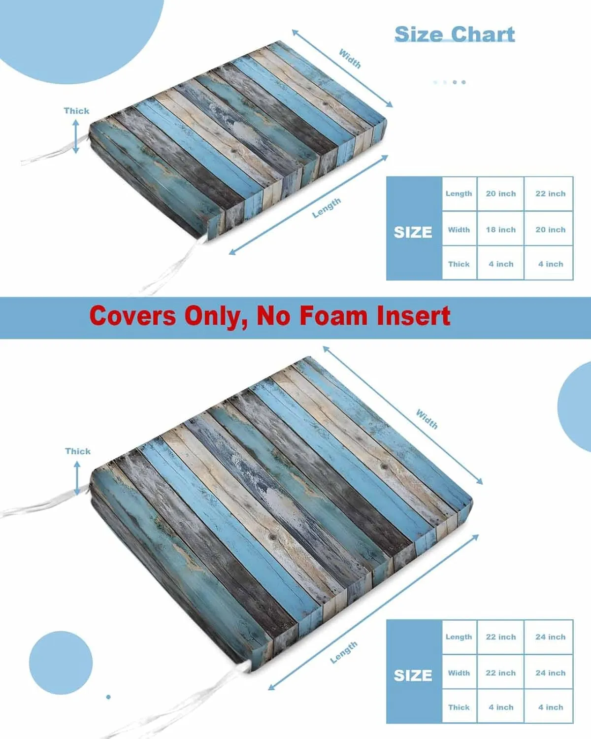 Outdoor Waterproof Cushion Covers Shabby Rustic Wooden Planks Replacement Stretch Seat Slipcover for Patio, Retro Farm Wood Grain Chair Couch Sofa Covers Furniture Protector Set of 2,22x20IN