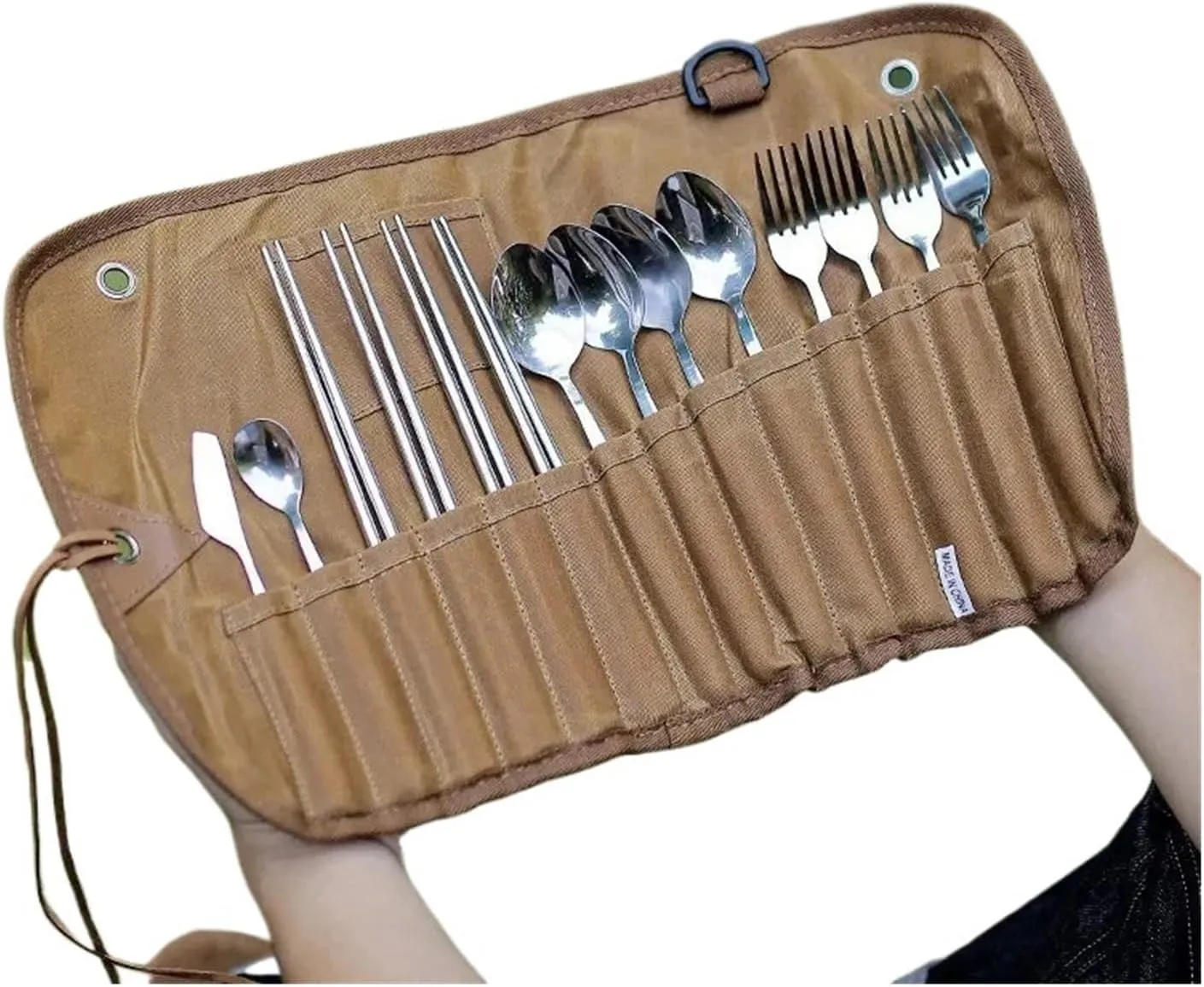 Outdoor Waxed Canvas Tableware Storage Bag Tableware Set Stainless Steel Spoon Chopsticks Fork Camping Travel Picnic