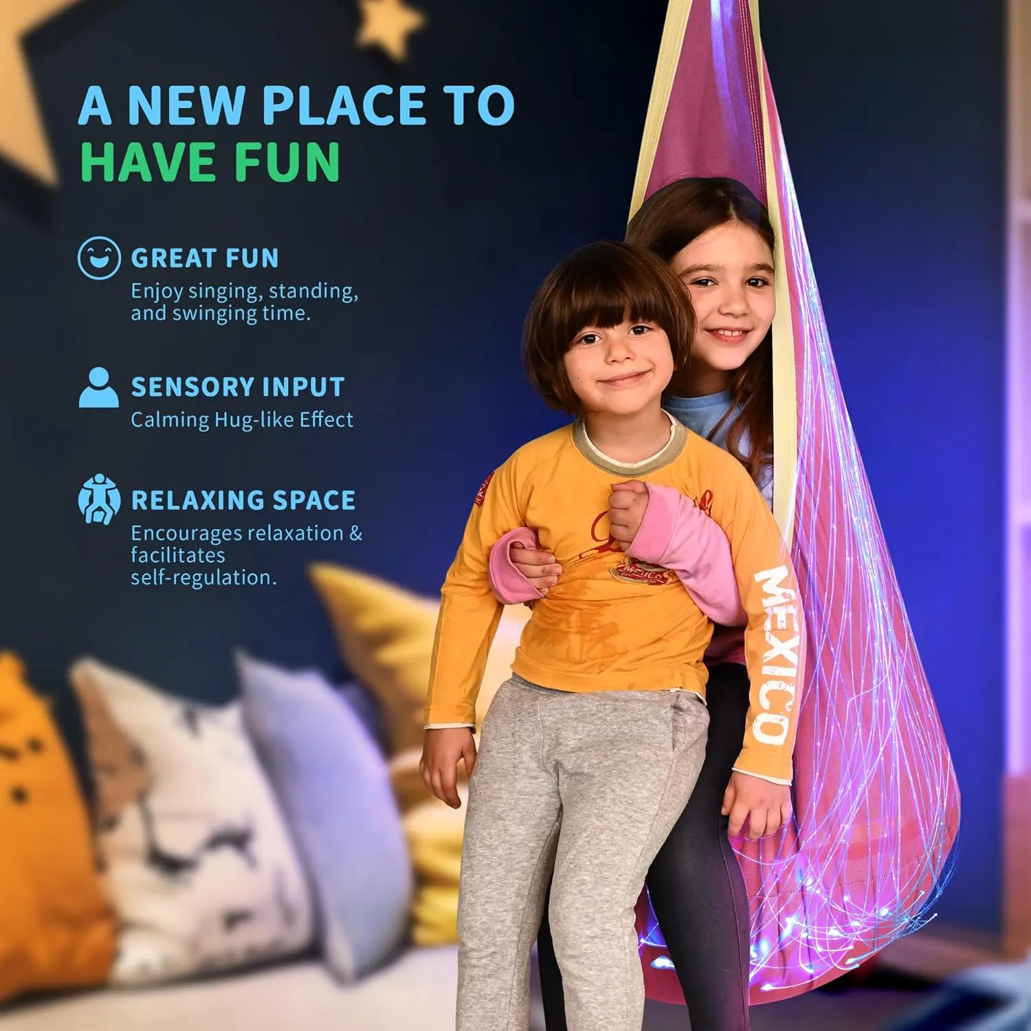 OUTREE Pod Swing Featuring Fiber Optic with 10 Colors and 17 Effects. Sensory Swing Suitable for Individuals with Sensory Needs (Pink)