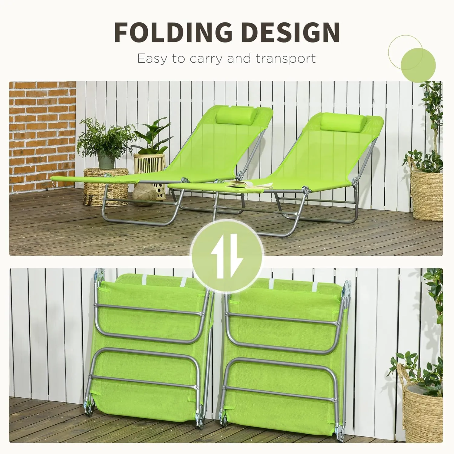 Outsunny 2 Piece Folding Chaise Lounge Chairs, Pool Sun Tanning Chairs with Reclining Back, Breathable Mesh Seat, Headrest for Beach, Yard, Patio, Green