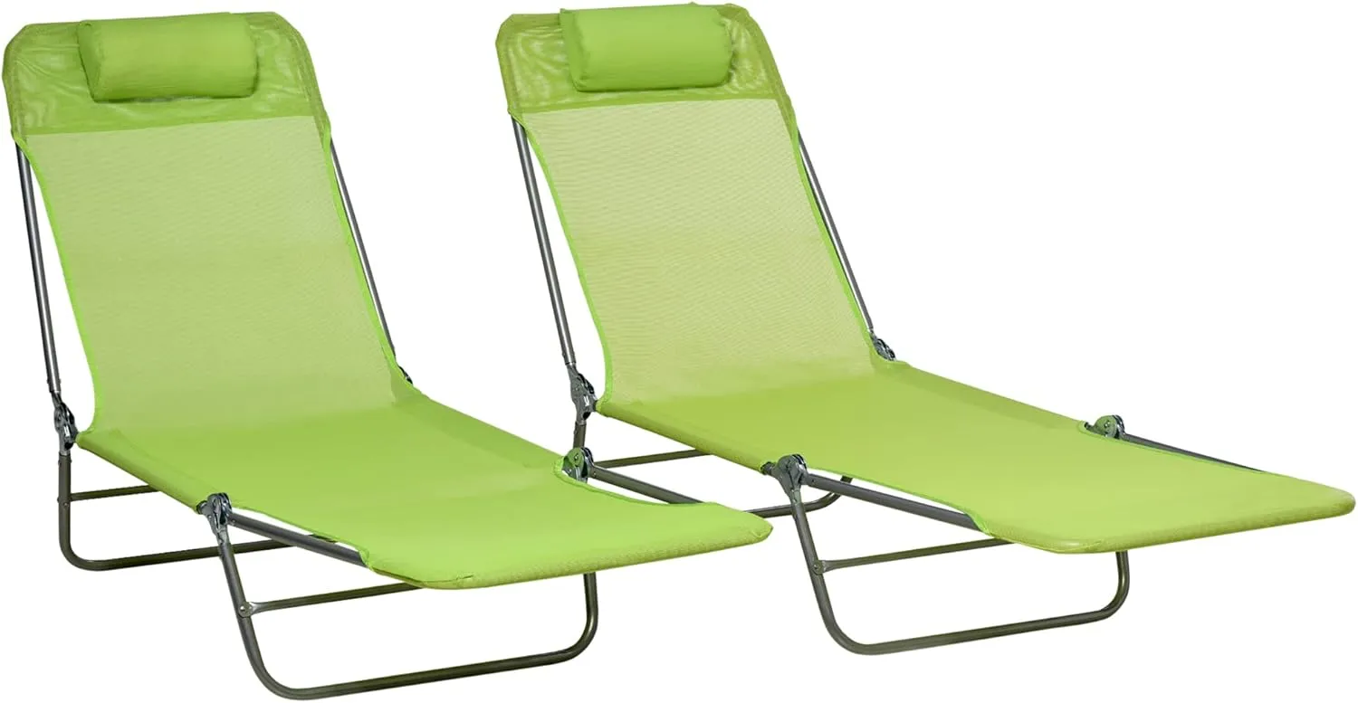 Outsunny 2 Piece Folding Chaise Lounge Chairs, Pool Sun Tanning Chairs with Reclining Back, Breathable Mesh Seat, Headrest for Beach, Yard, Patio, Green