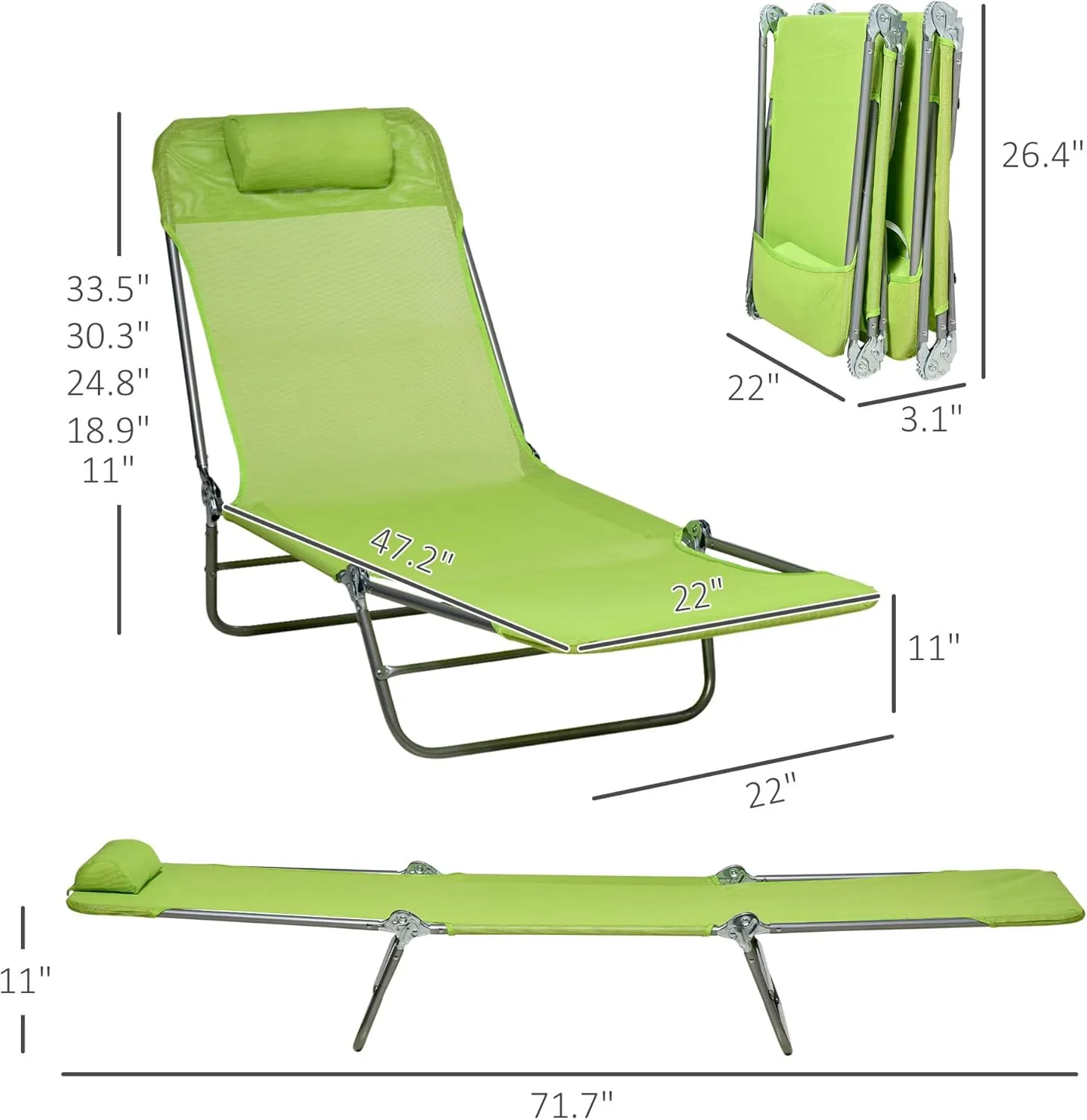 Outsunny 2 Piece Folding Chaise Lounge Chairs, Pool Sun Tanning Chairs with Reclining Back, Breathable Mesh Seat, Headrest for Beach, Yard, Patio, Green