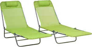 Outsunny 2 Piece Folding Chaise Lounge Chairs, Pool Sun Tanning Chairs with Reclining Back, Breathable Mesh Seat, Headrest for Beach, Yard, Patio, Green