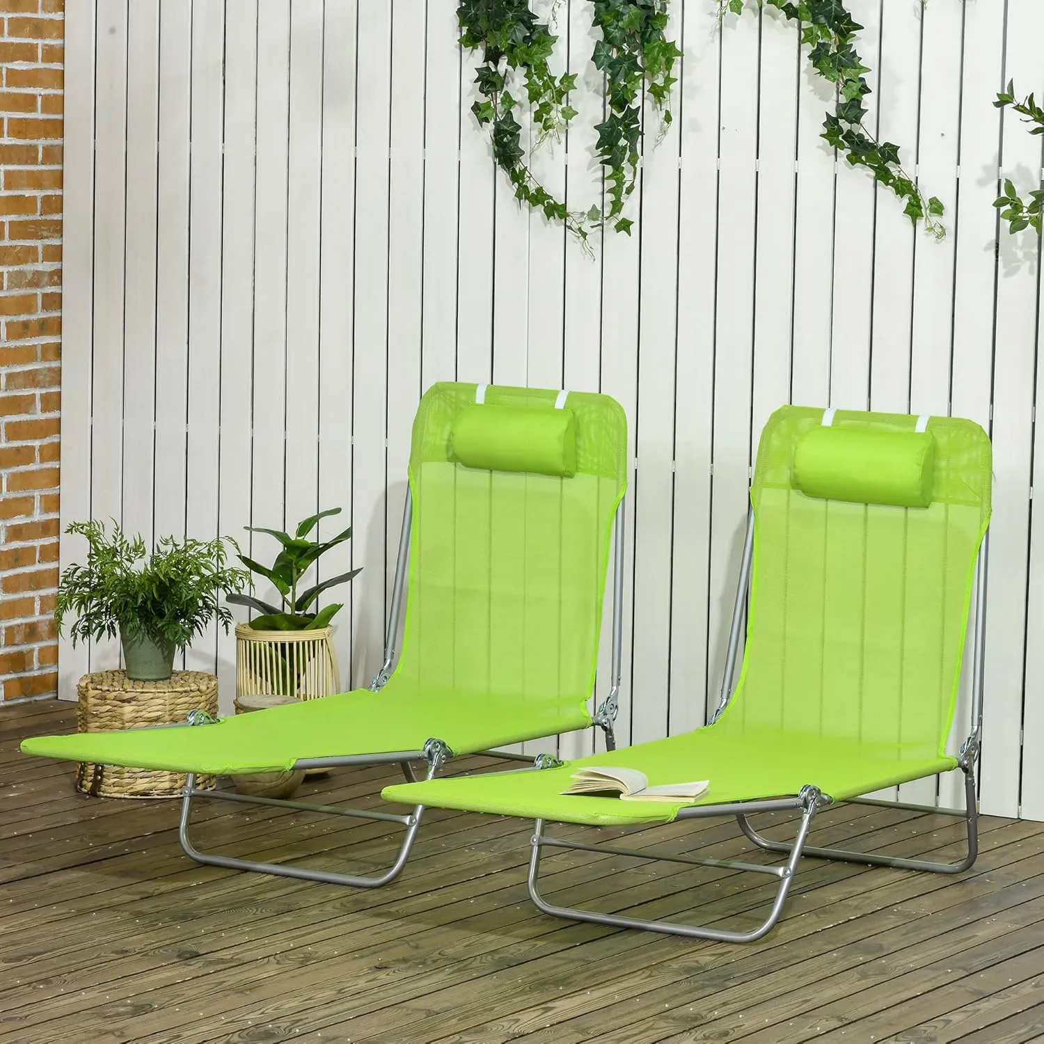Outsunny 2 Piece Folding Chaise Lounge Chairs, Pool Sun Tanning Chairs with Reclining Back, Breathable Mesh Seat, Headrest for Beach, Yard, Patio, Green