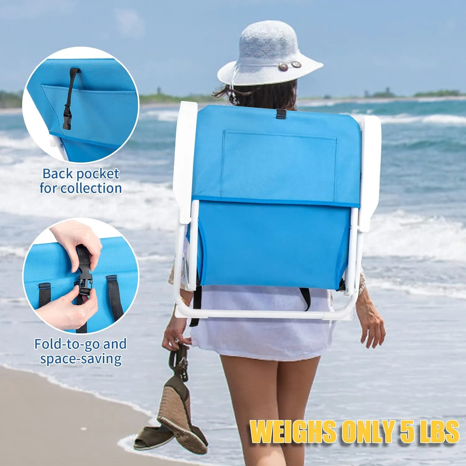 Outvita Lightweight Folding Beach Chair, Portable Arm Chair with High Strength Cleanable Fabric for Sand Camping Lawn Concert Travel Festival Blue,Heavy Duty Supports 220lbs