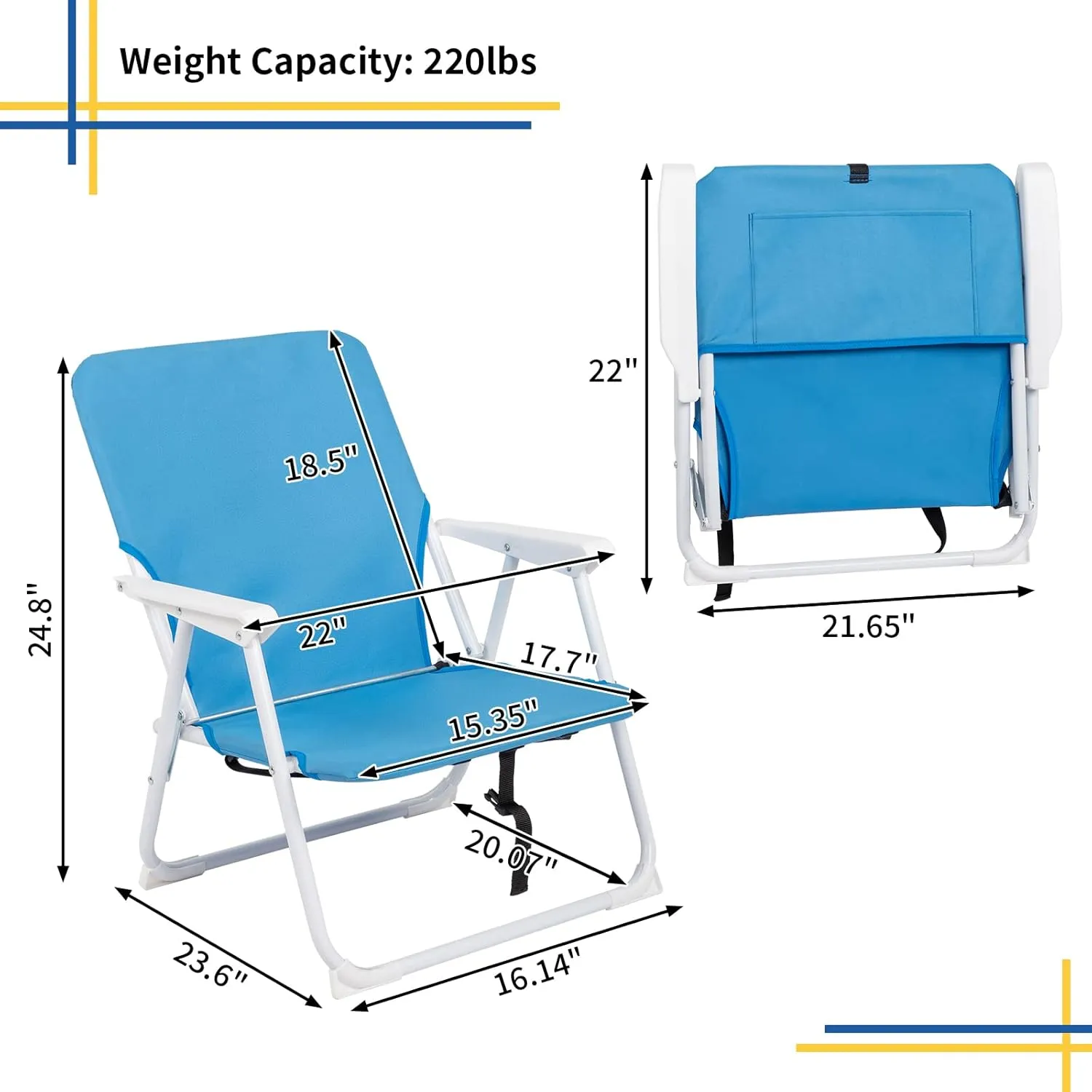 Outvita Lightweight Folding Beach Chair, Portable Arm Chair with High Strength Cleanable Fabric for Sand Camping Lawn Concert Travel Festival Blue,Heavy Duty Supports 220lbs