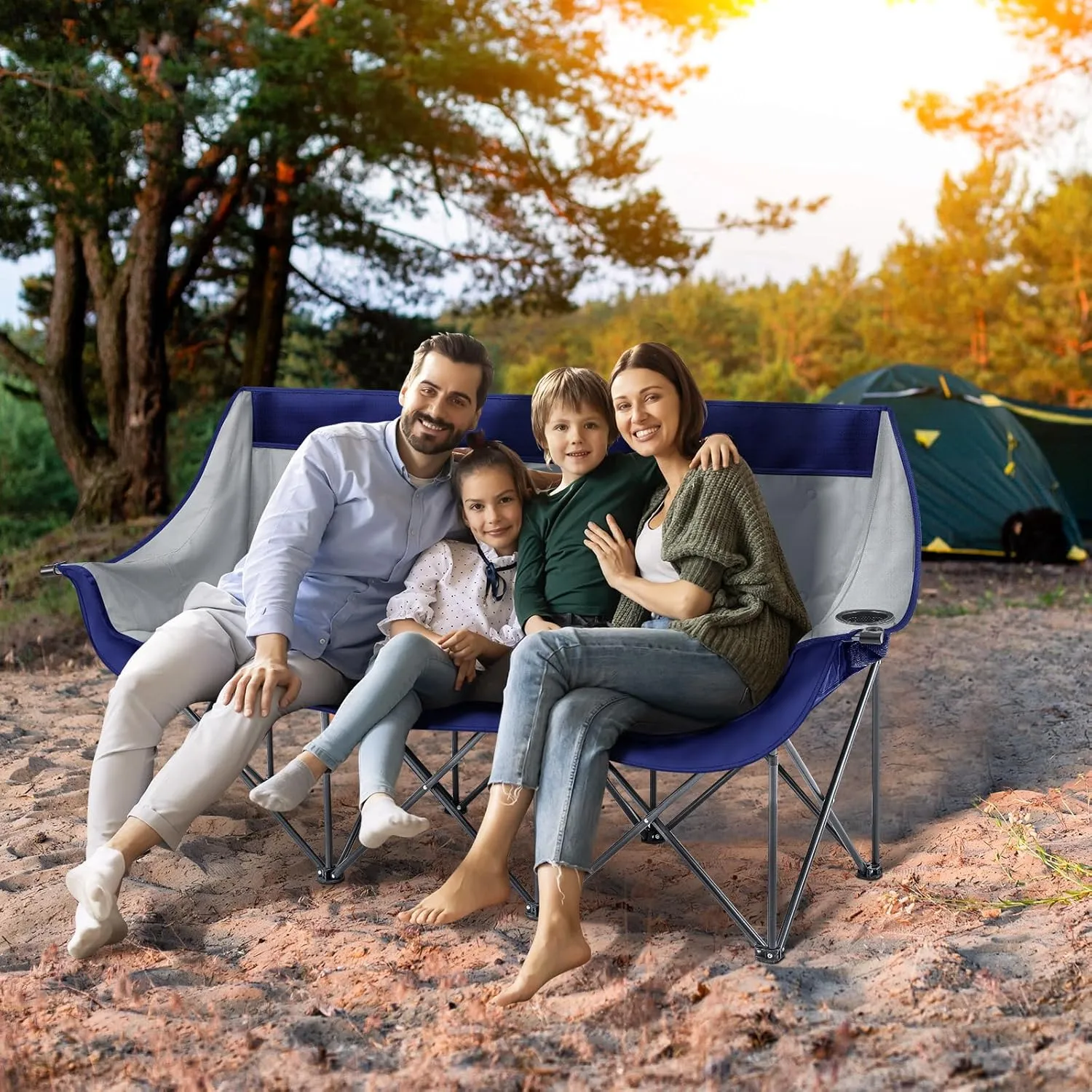 Oversized 2-3 Person Camping Chair Comfortable Outdoor Loveseat Camping Couch with Thick Padded Cushion, Cup Holder, Foldable Portable Sofa for Beach, Camp, Picnics Patio(Blue)