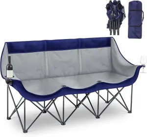 Oversized 2-3 Person Camping Chair Comfortable Outdoor Loveseat Camping Couch with Thick Padded Cushion, Cup Holder, Foldable Portable Sofa for Beach, Camp, Picnics Patio(Blue)