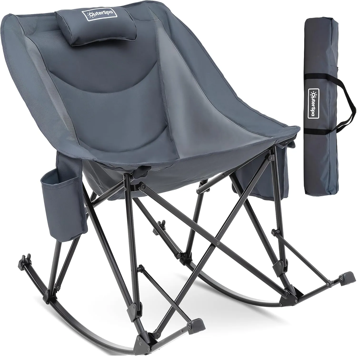 Oversized Camping Chair for Adults, Lawn Chairs Outdoor Fold up, Rocking Camping Chairs with Pillow for Picnic, Heavy-Duty 600D Oxford Cloth with Cup Holder, 350 Pound Capacity, Grey.