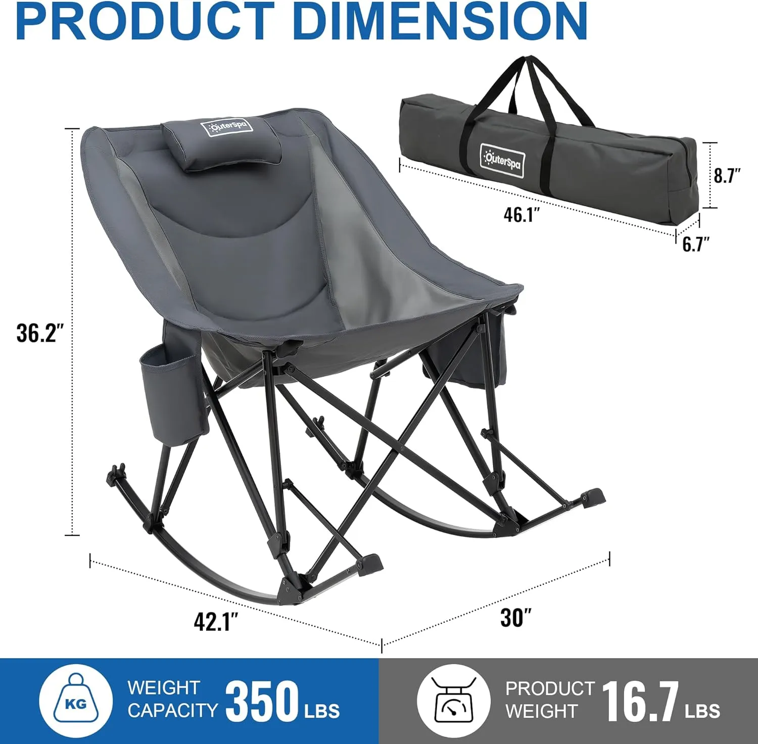 Oversized Camping Chair for Adults, Lawn Chairs Outdoor Fold up, Rocking Camping Chairs with Pillow for Picnic, Heavy-Duty 600D Oxford Cloth with Cup Holder, 350 Pound Capacity, Grey.