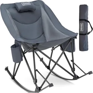 Oversized Camping Chair for Adults, Lawn Chairs Outdoor Fold up, Rocking Camping Chairs with Pillow for Picnic, Heavy-Duty 600D Oxford Cloth with Cup Holder, 350 Pound Capacity, Grey.